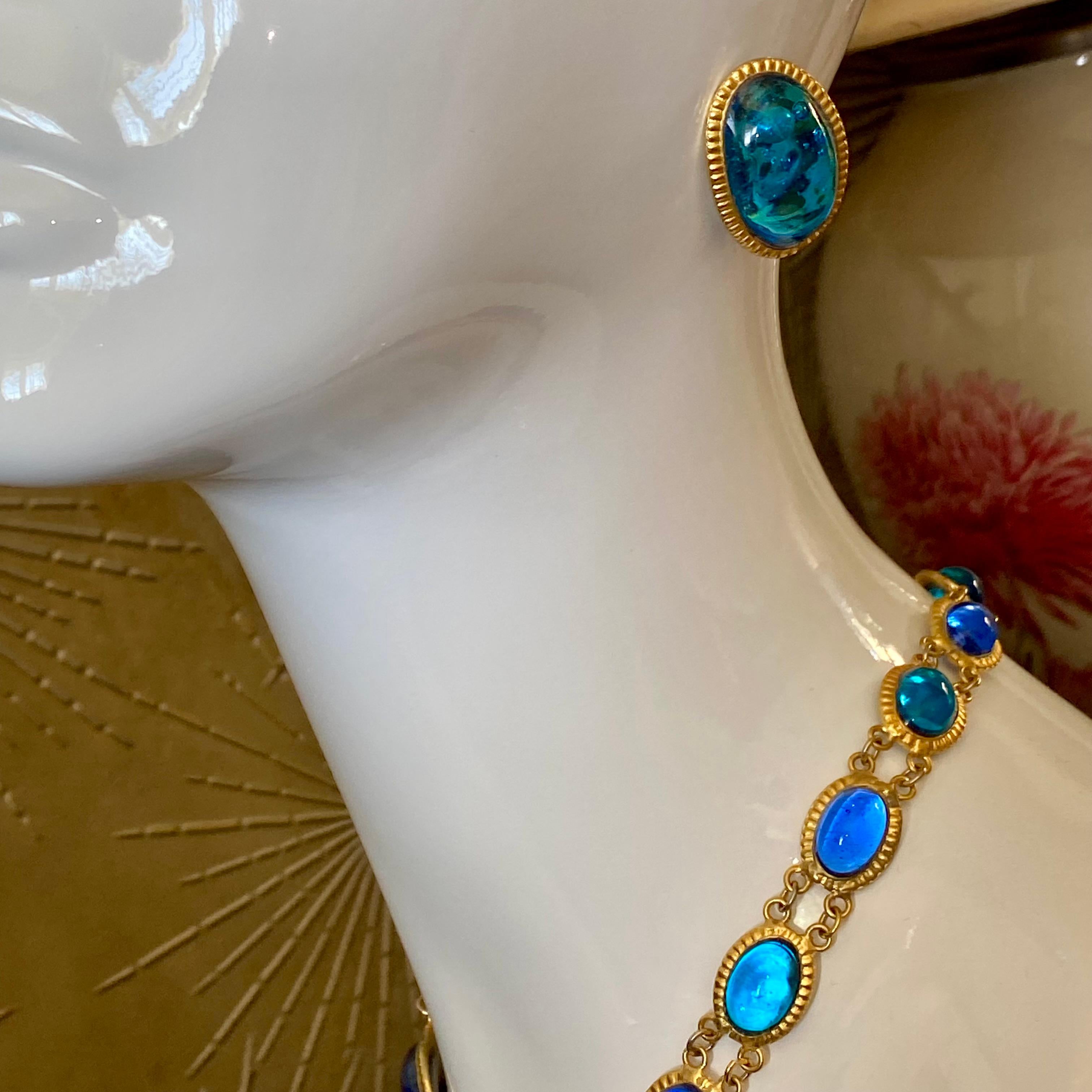 French Blue and Aqua  Gripoix Glass Necklace and Earrings For Sale 7
