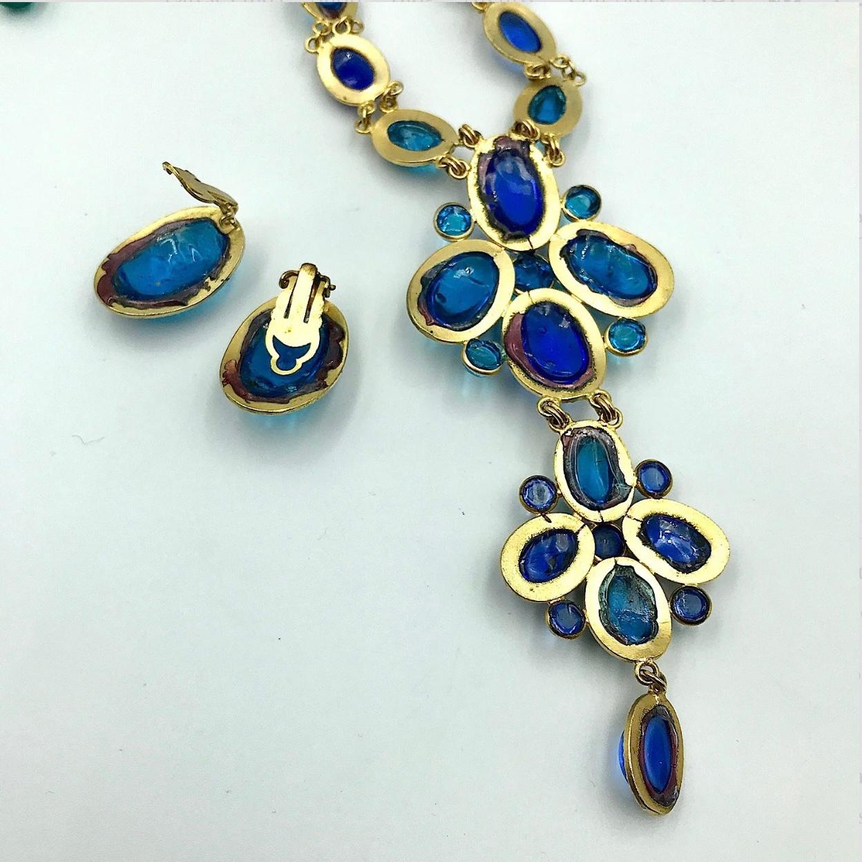 French Blue and Aqua  Gripoix Glass Necklace and Earrings For Sale 4