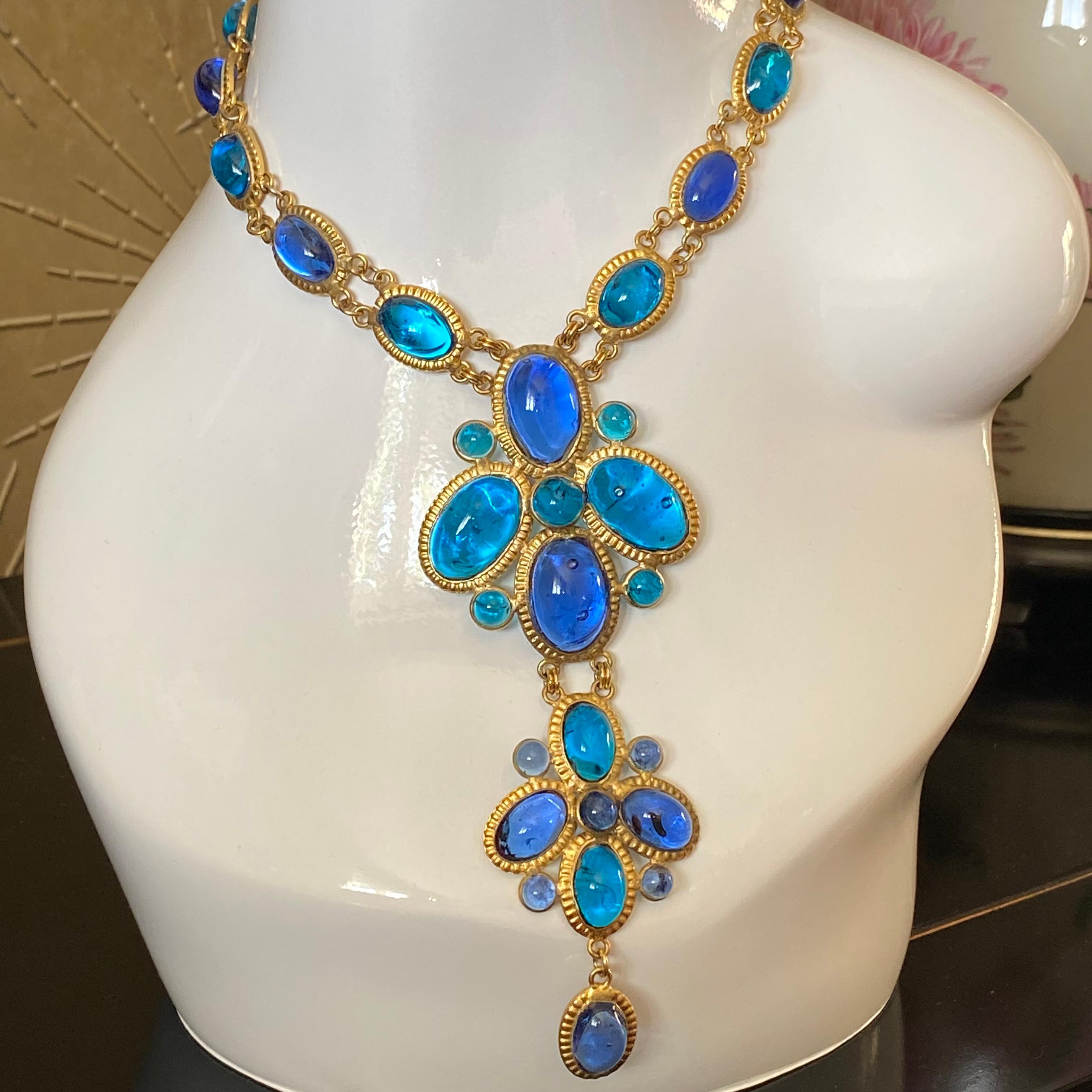 French Blue and Aqua  Gripoix Glass Necklace and Earrings For Sale 5