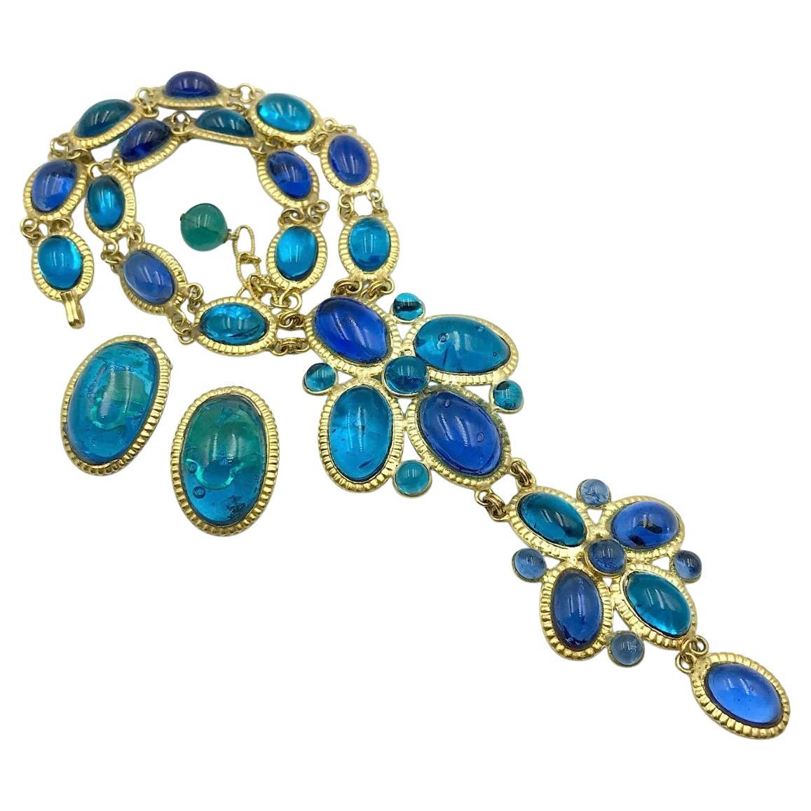 French Blue and Aqua  Gripoix Glass Necklace and Earrings For Sale