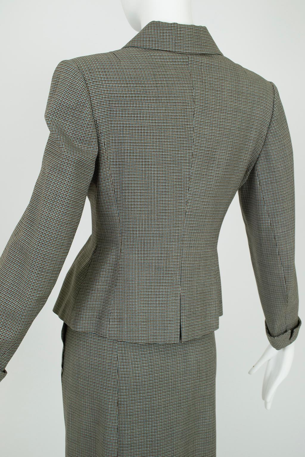 French Blue and Brown Houndstooth Cutaway Suit with Novelty Buttons – S-M, 1940s For Sale 6