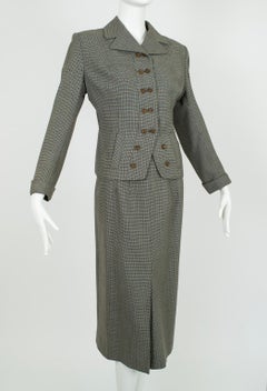 Französischer blauer und brauner Anzug mit Hahnentrittmuster und neuartigen Knöpfen - S-M, 1940er Jahre