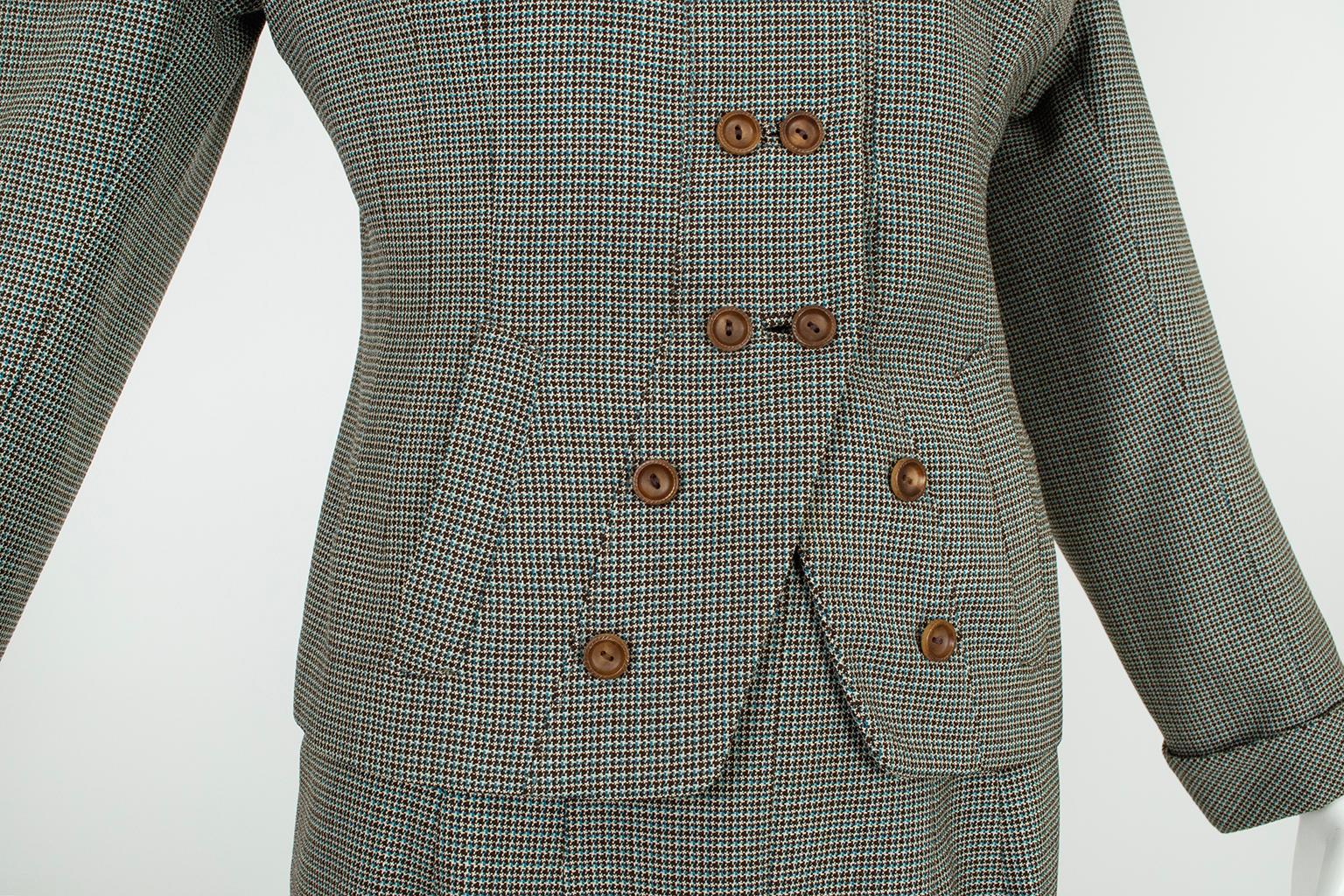 French Blue and Brown Houndstooth Cutaway Suit with Novelty Buttons – S-M, 1940s For Sale 1