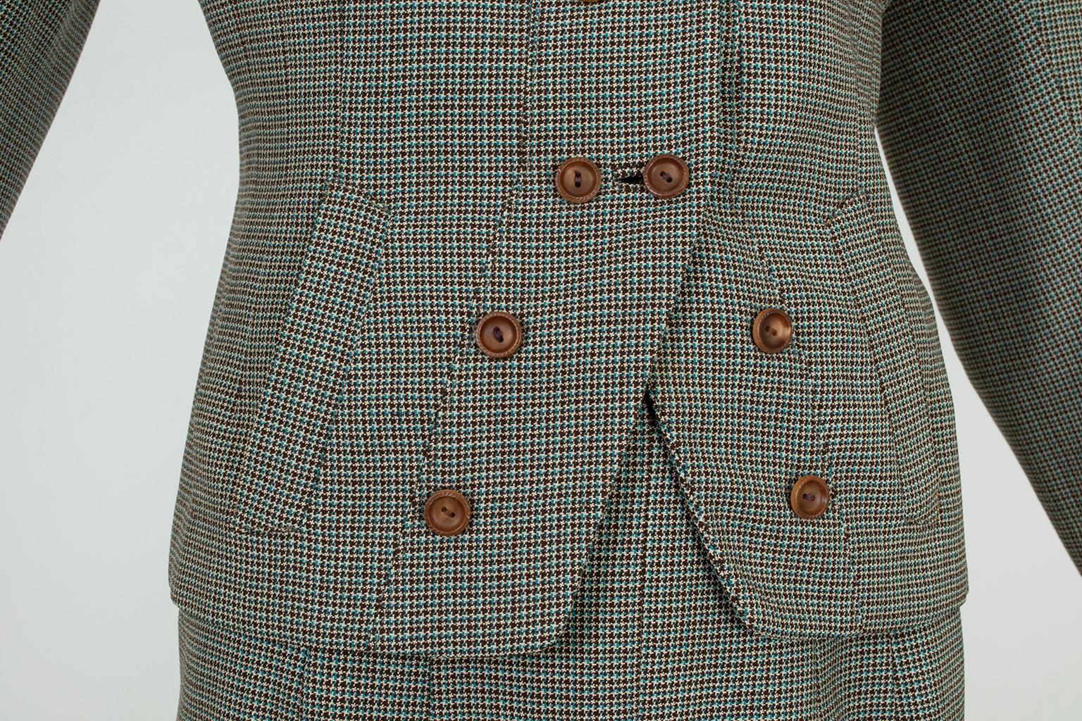 French Blue and Brown Houndstooth Cutaway Suit with Novelty Buttons – S-M, 1940s For Sale 2