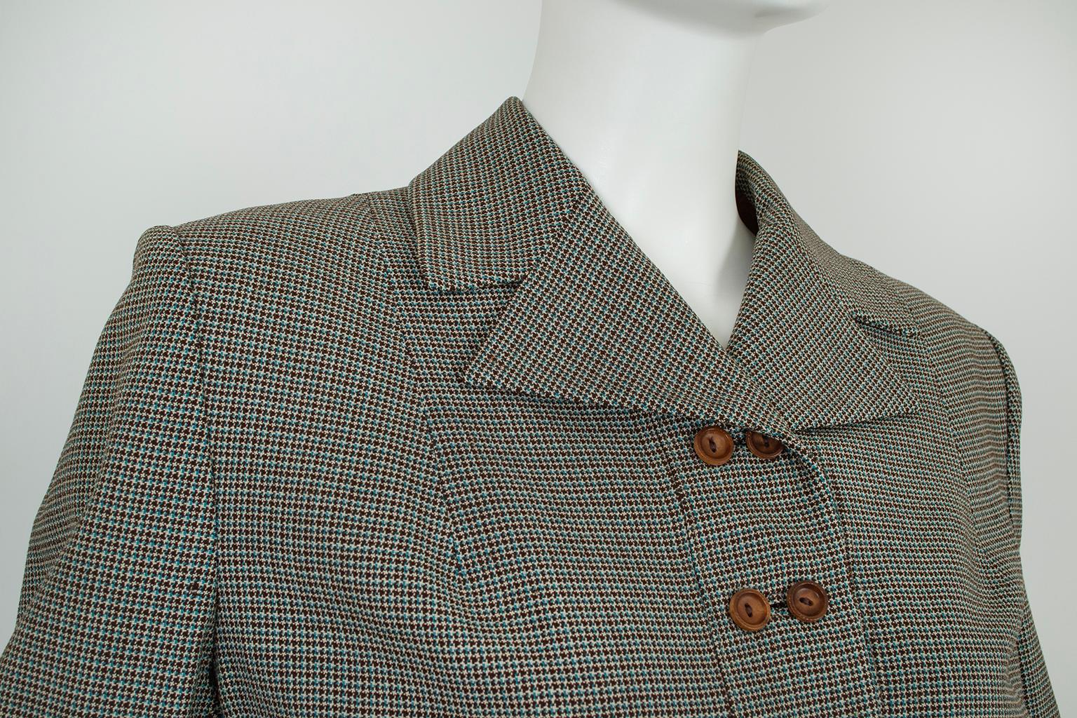 French Blue and Brown Houndstooth Cutaway Suit with Novelty Buttons – S-M, 1940s For Sale 3