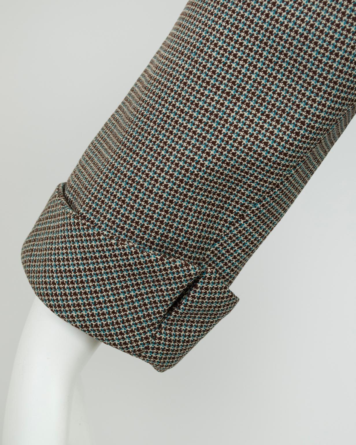 French Blue and Brown Houndstooth Cutaway Suit with Novelty Buttons – S-M, 1940s For Sale 5