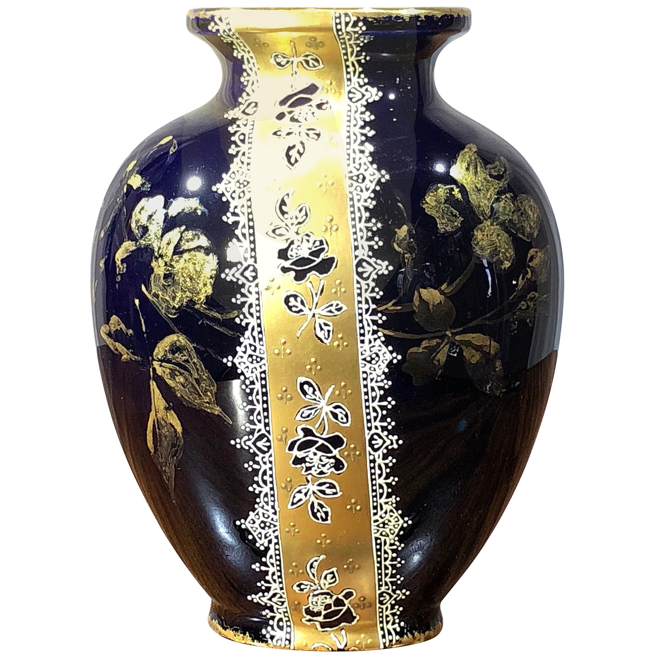 French Blue and Gilt Pottery Vase, Choisy Le Roi, circa 1880