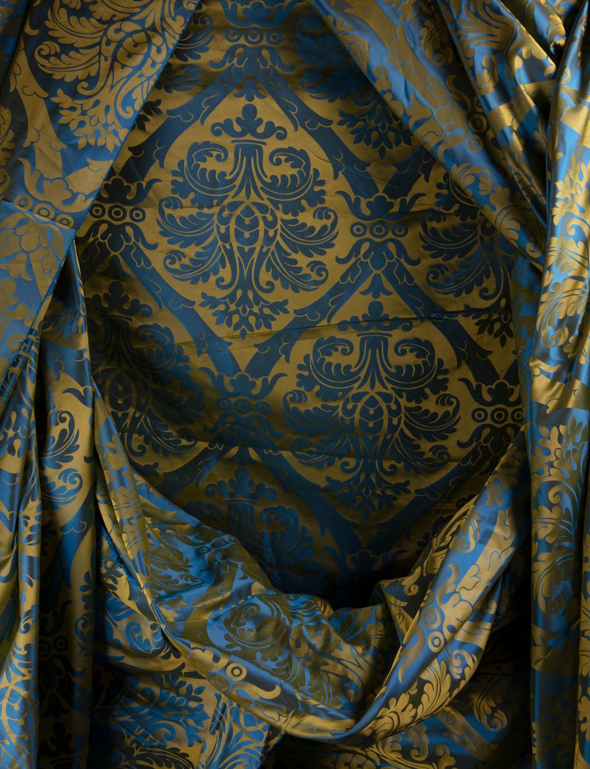 Indian French Blue and Gold Silk Woven Scalamandre Style Designer Damask Fabric For Sale