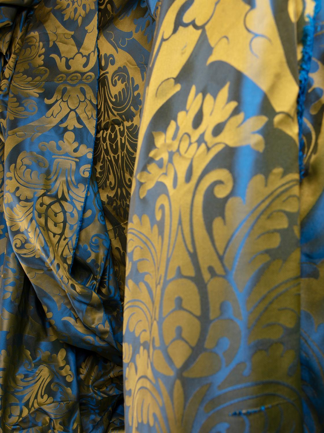 French Blue and Gold Silk Woven Scalamandre Style Designer Damask Fabric In Excellent Condition For Sale In Asheville, NC