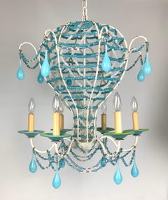 French Blue and White Beaded Opaline Glass Chandelier
