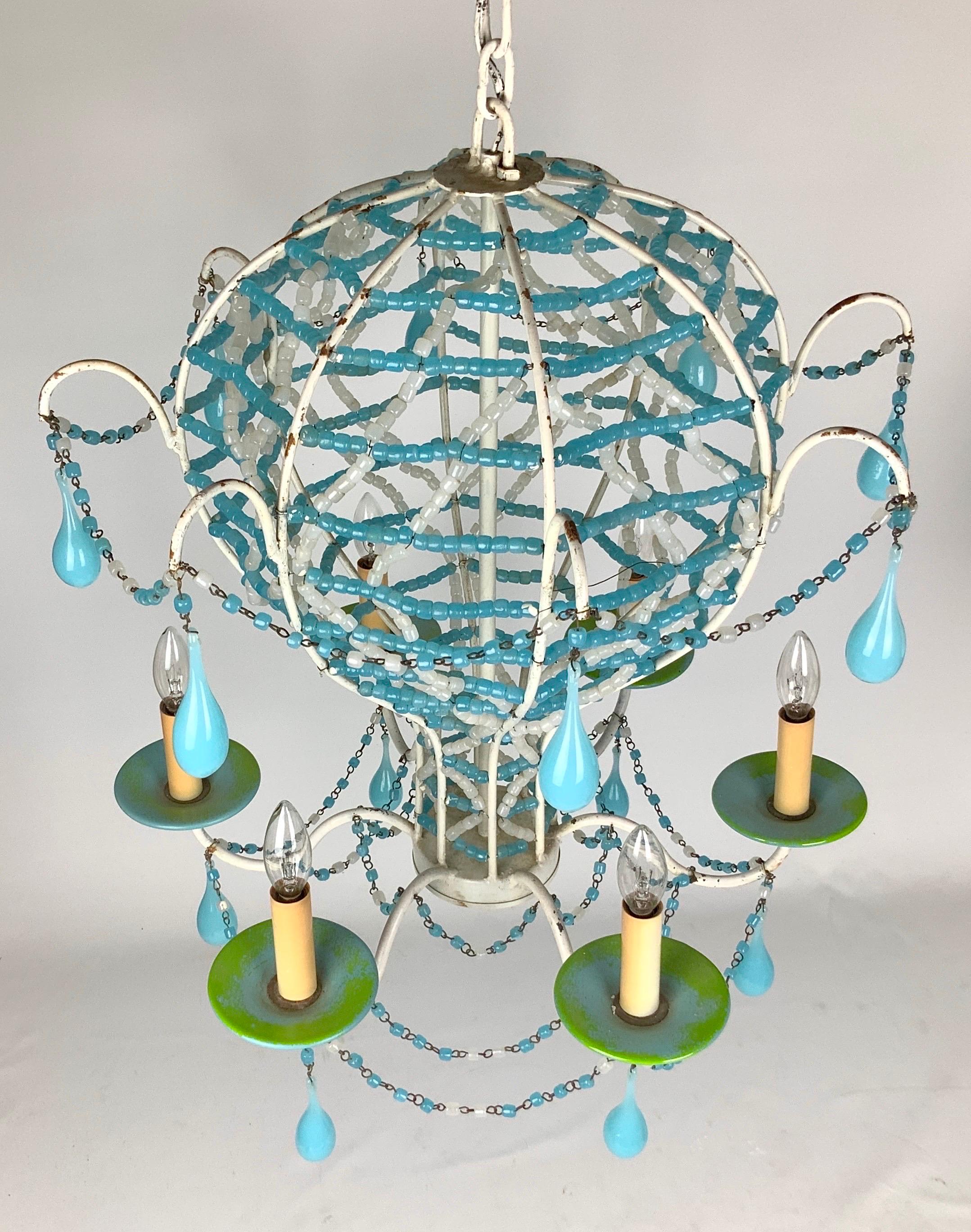 Hand-Crafted French Blue and White Beaded Opaline Glass Chandelier For Sale