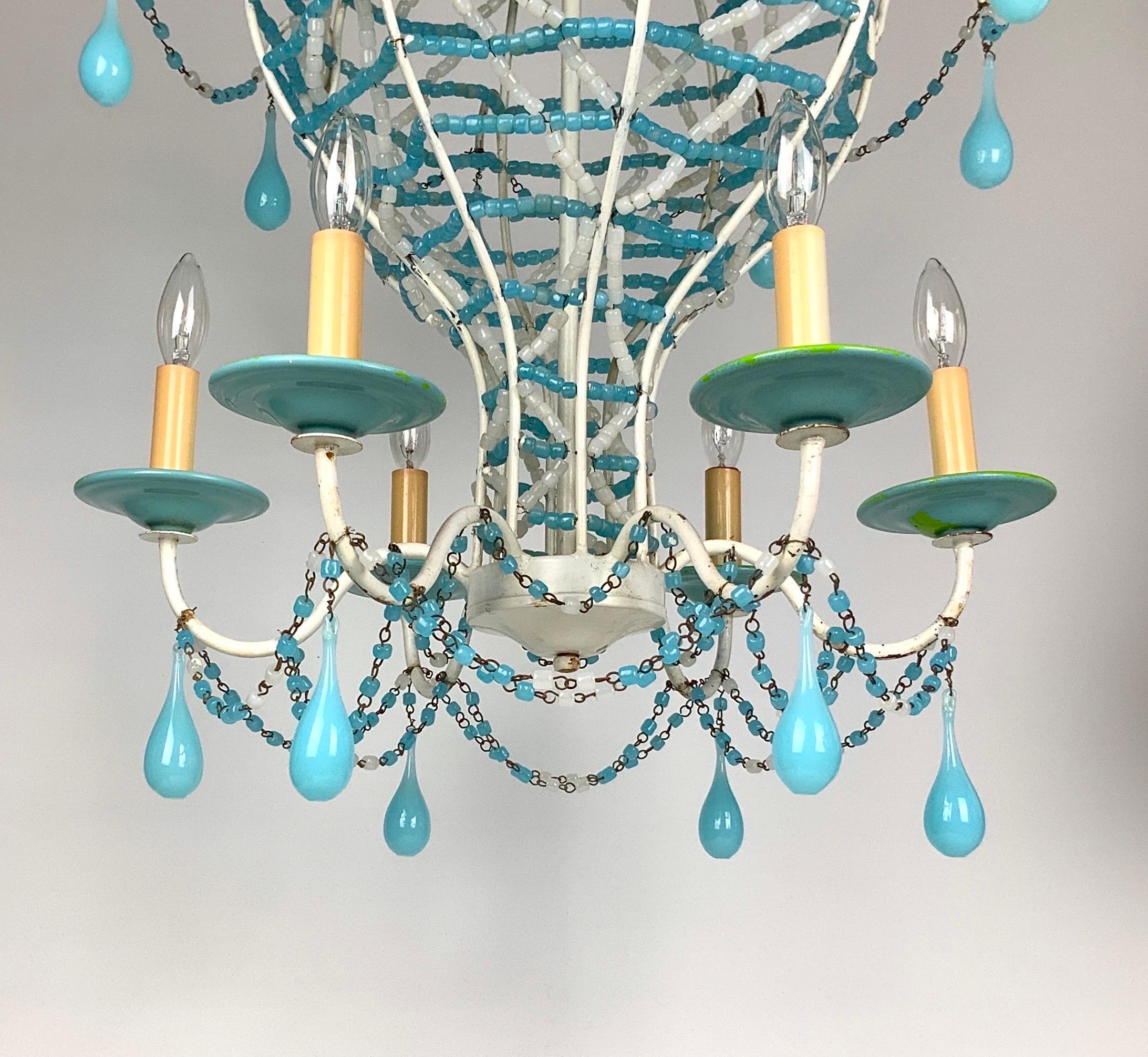 French Blue and White Beaded Opaline Glass Chandelier In Good Condition For Sale In Haddonfield, NJ