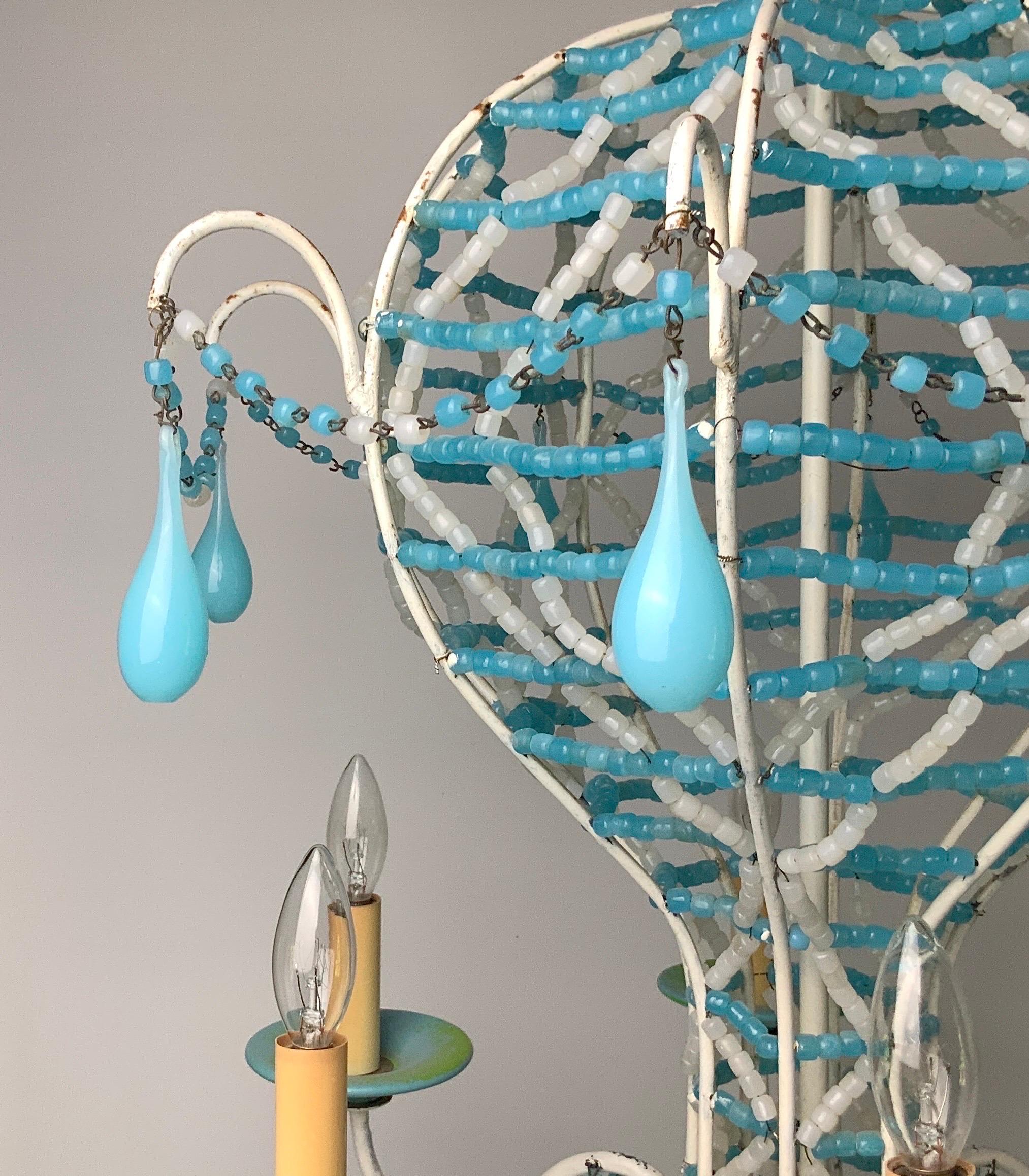 20th Century French Blue and White Beaded Opaline Glass Chandelier For Sale
