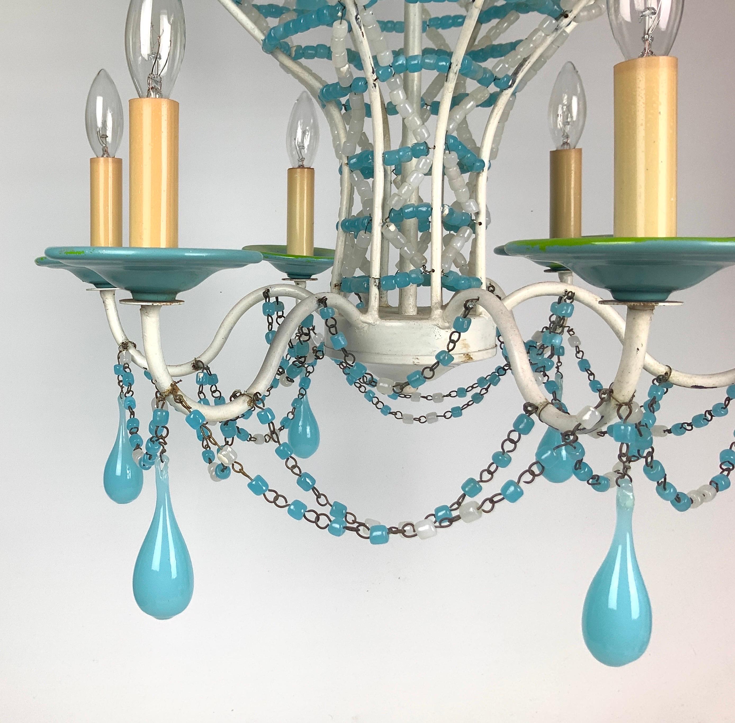 Brass French Blue and White Beaded Opaline Glass Chandelier For Sale
