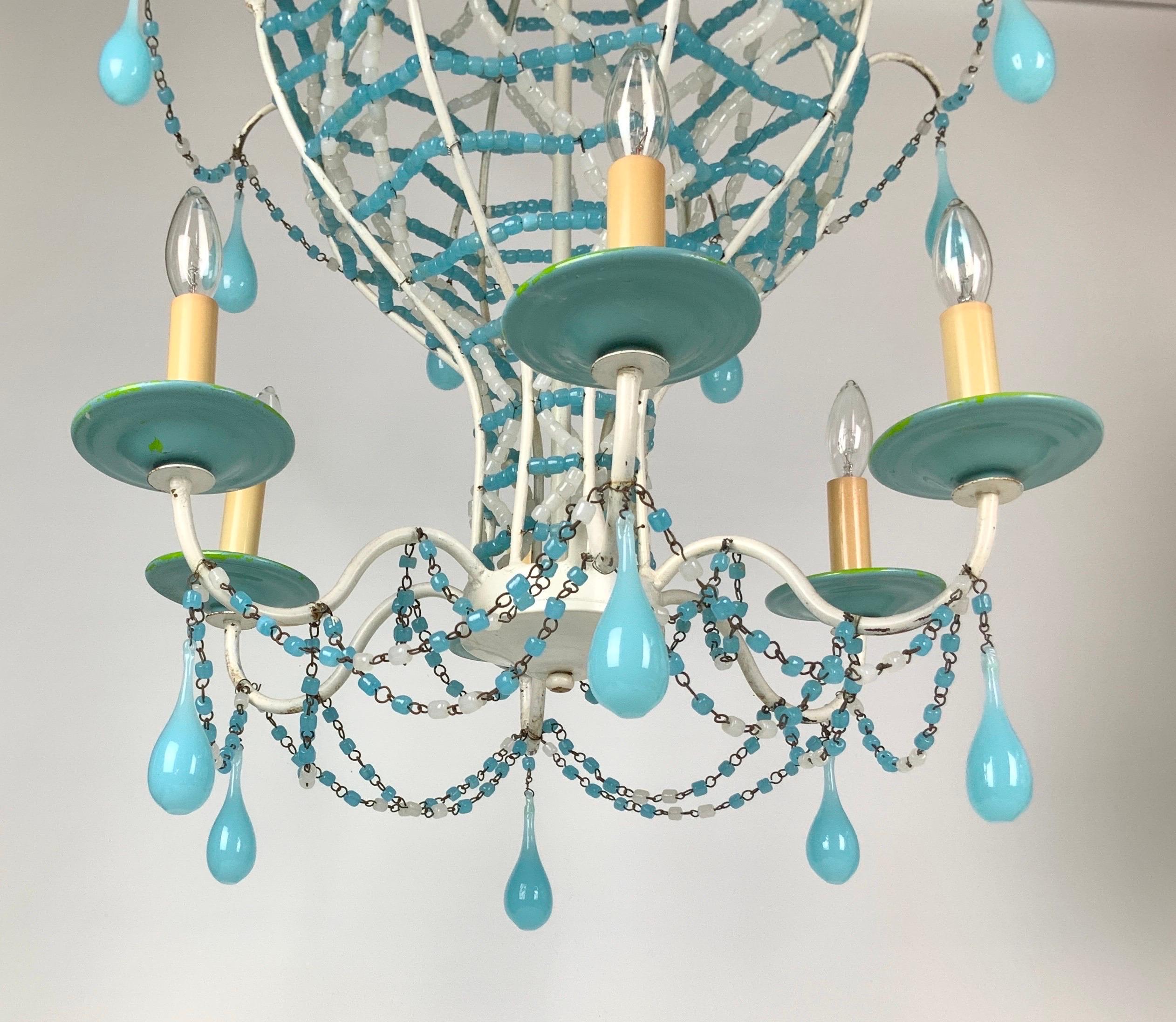 French Blue and White Beaded Opaline Glass Chandelier For Sale 1