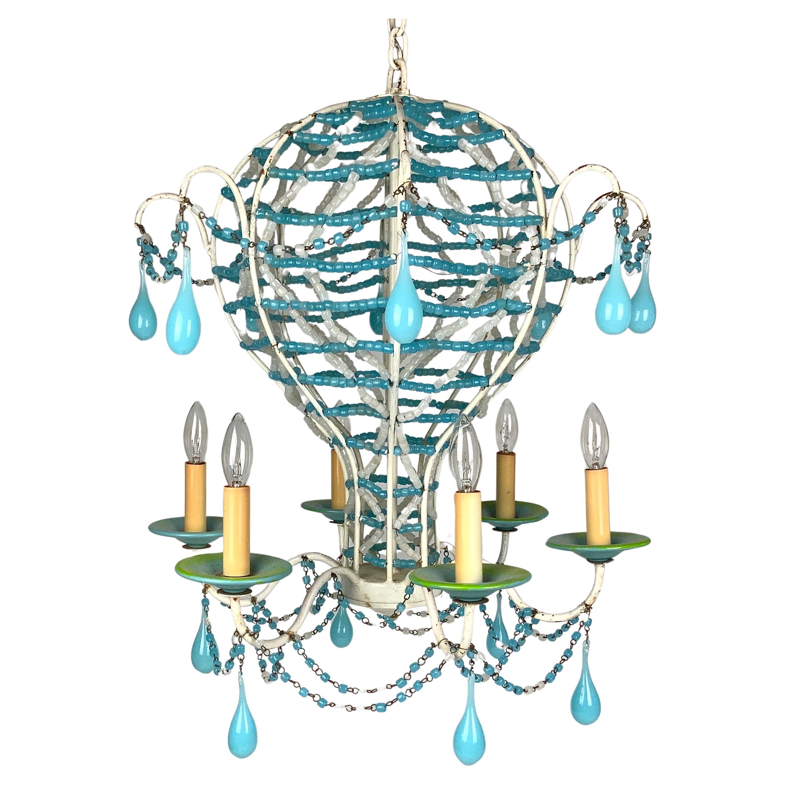 French Blue and White Beaded Opaline Glass Chandelier For Sale