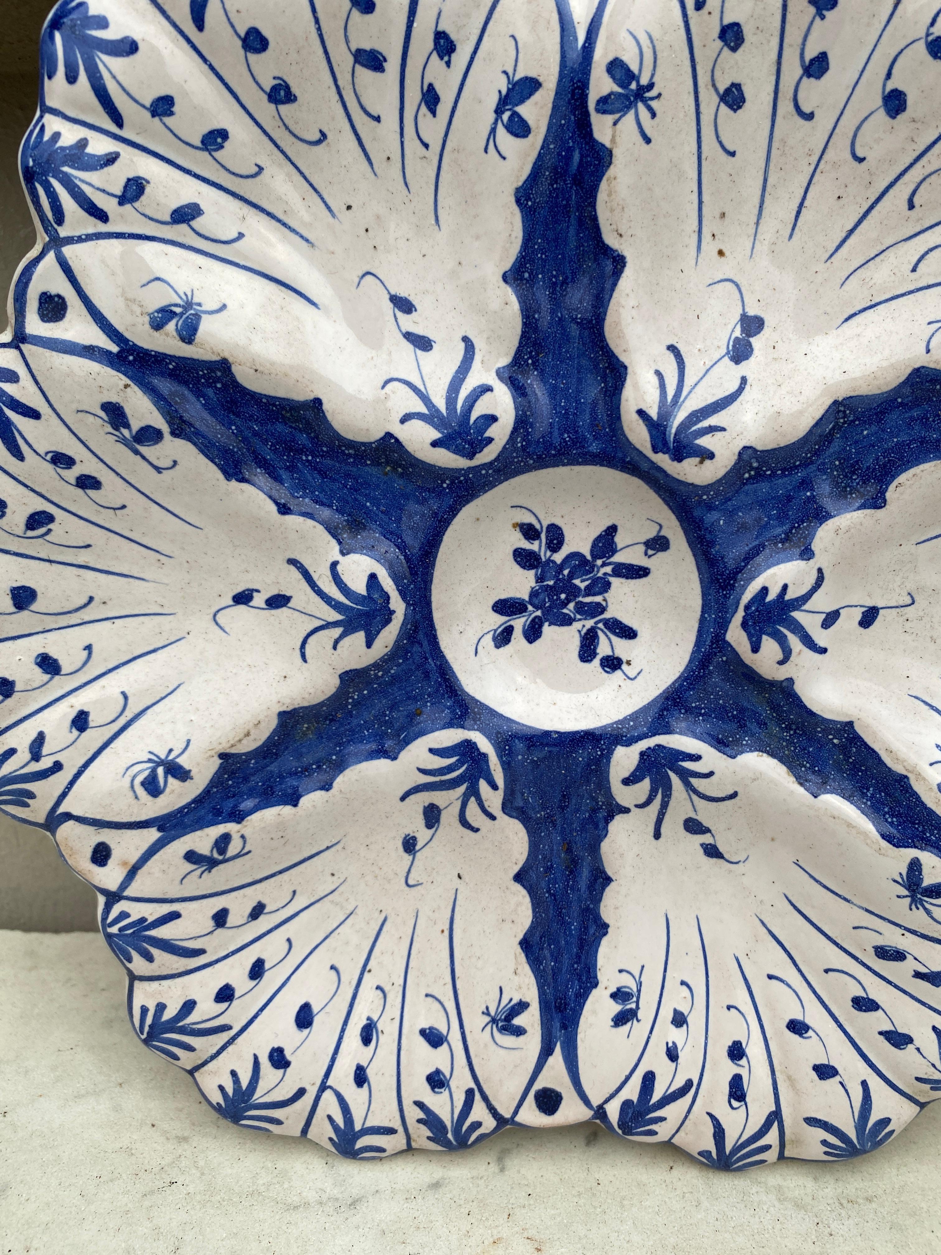 Rustic French Blue and White Faience Oyster Plate Moustiers Style, circa 1940