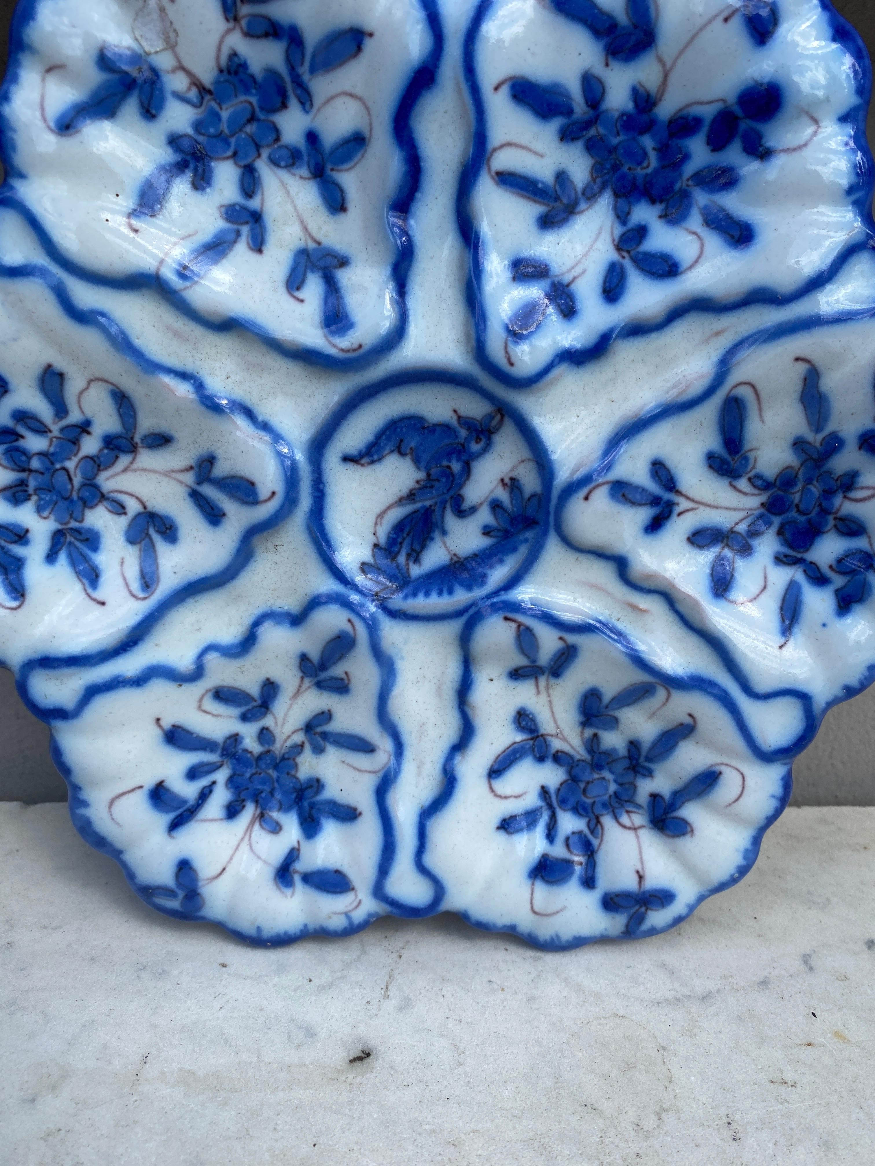 Rustic French Blue and White Faience Oyster Plate Moustiers Style, circa 1940 For Sale