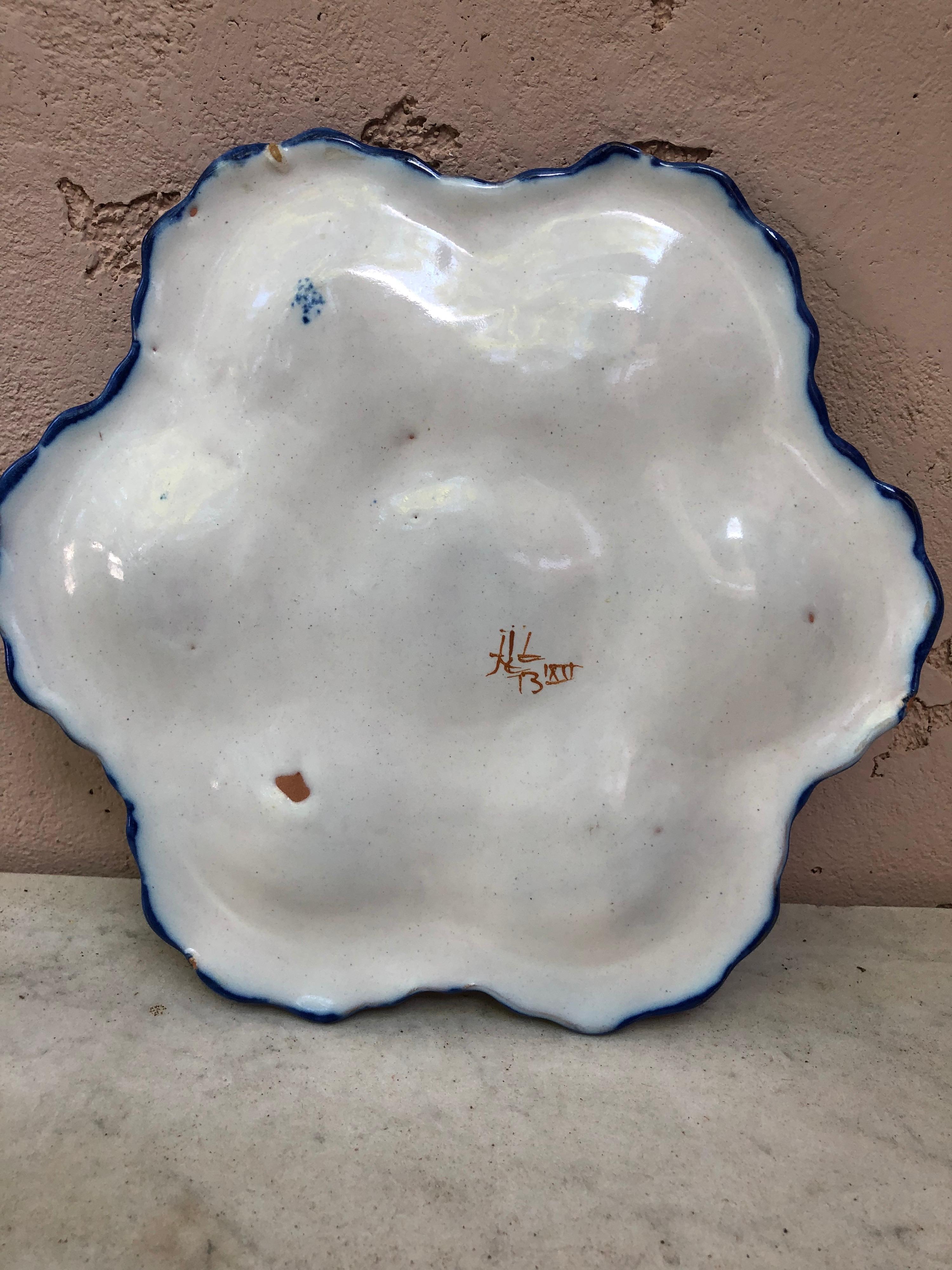 French Blue and White Faience Oyster Plate Moustiers Style, circa 1940 In Good Condition In Austin, TX