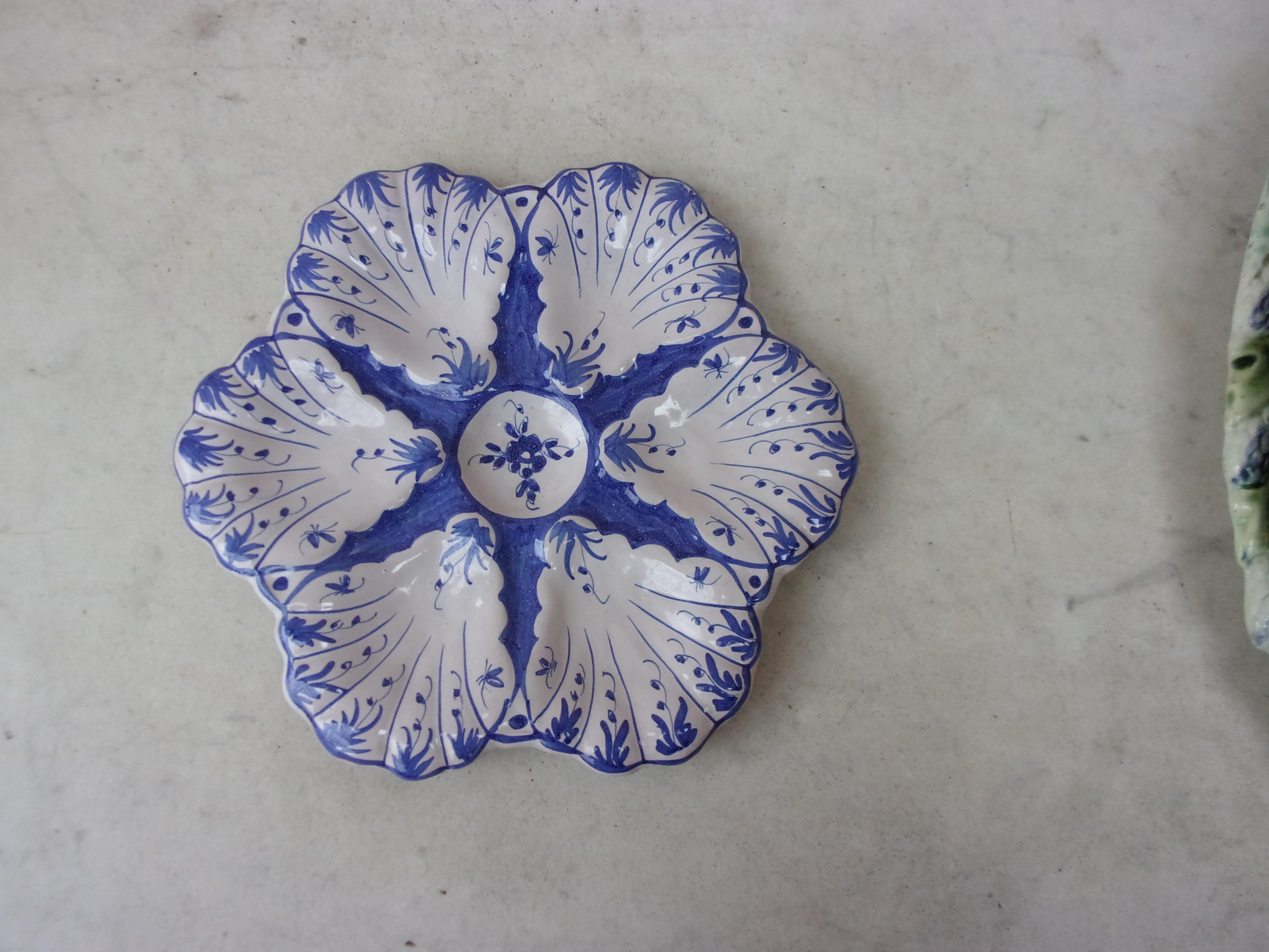 French Blue and White Faience Oyster Plate Moustiers Style, circa 1940 In Good Condition In Austin, TX