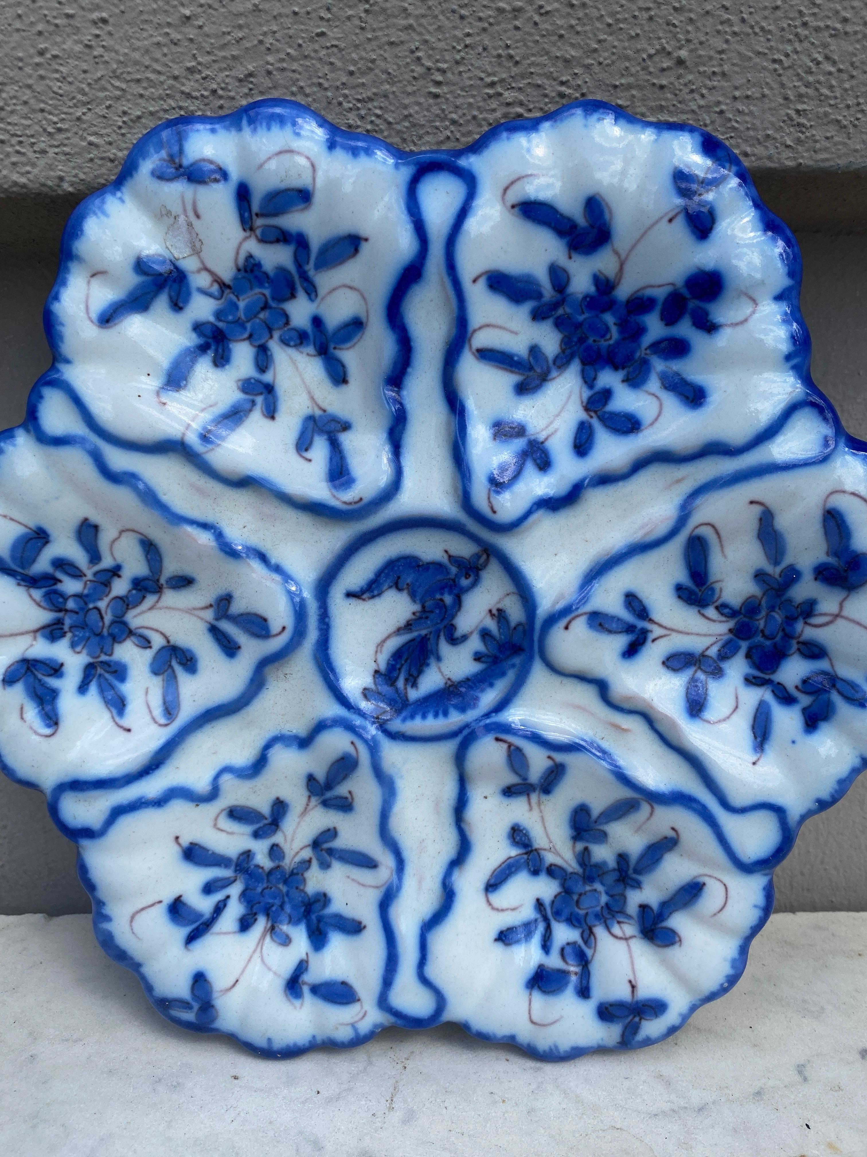 French Blue and White Faience Oyster Plate Moustiers Style, circa 1940 In Good Condition For Sale In Austin, TX