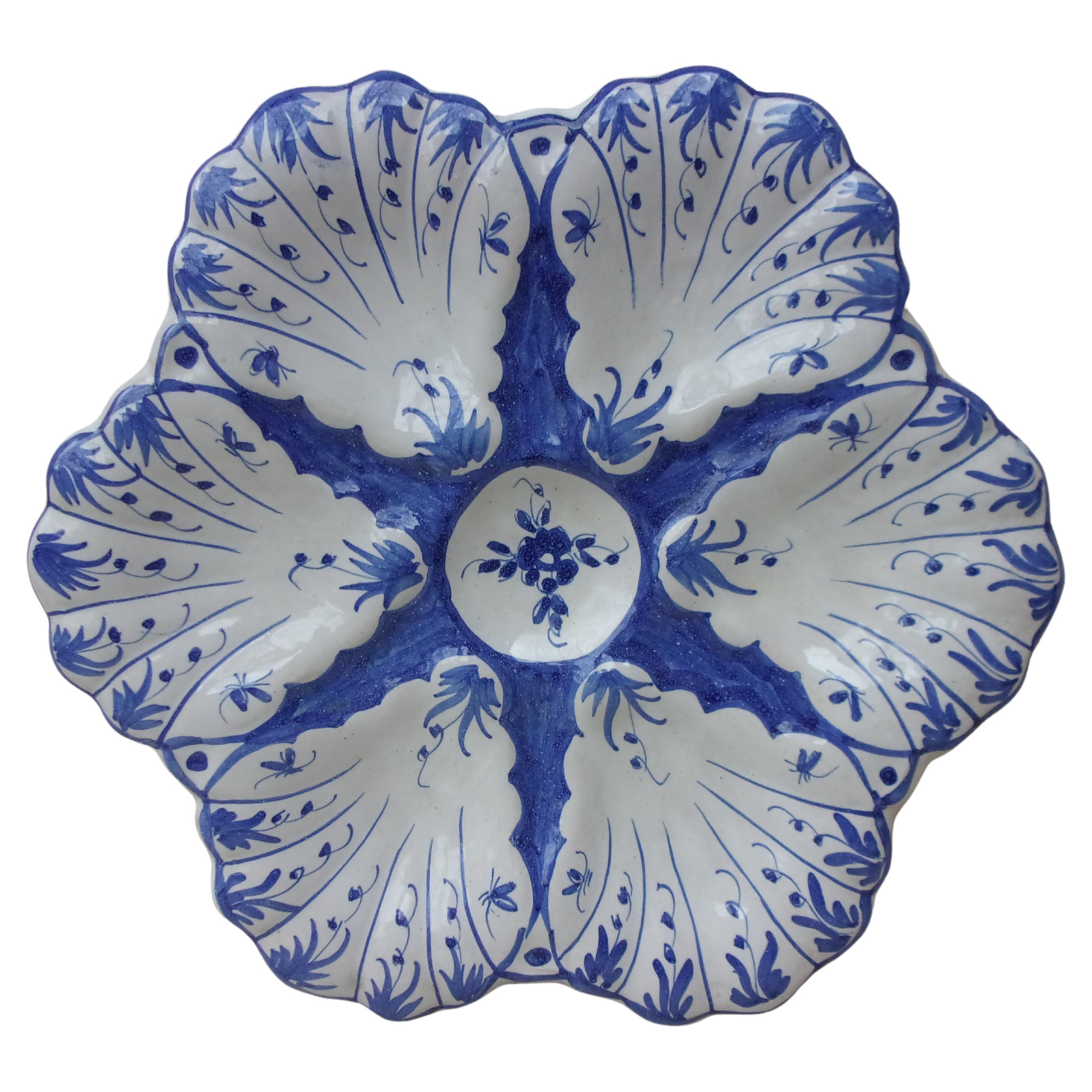 French Blue and White Faience Oyster Plate Moustiers Style, circa 1940