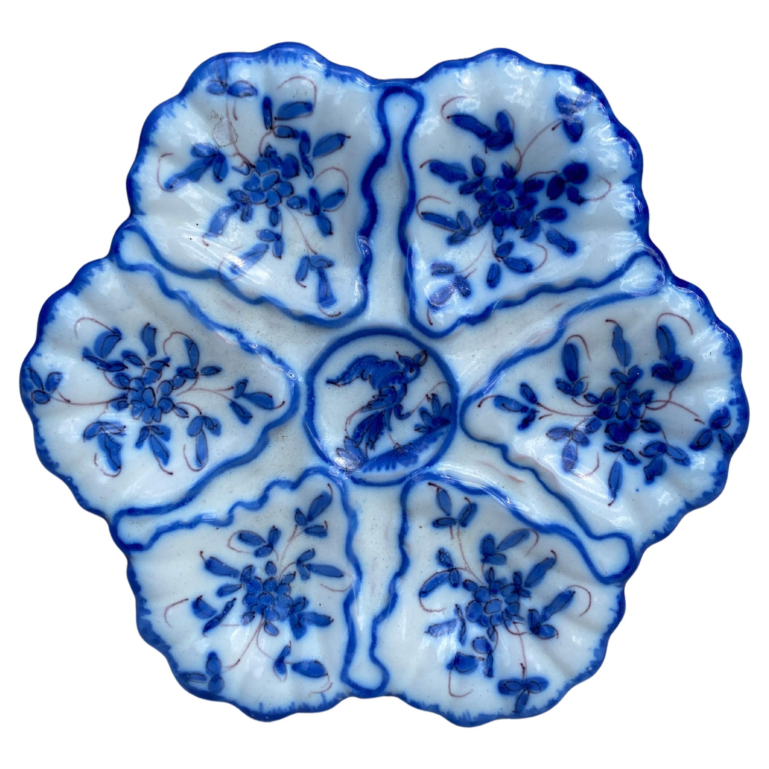 French Blue and White Faience Oyster Plate Moustiers Style, circa 1940 For Sale