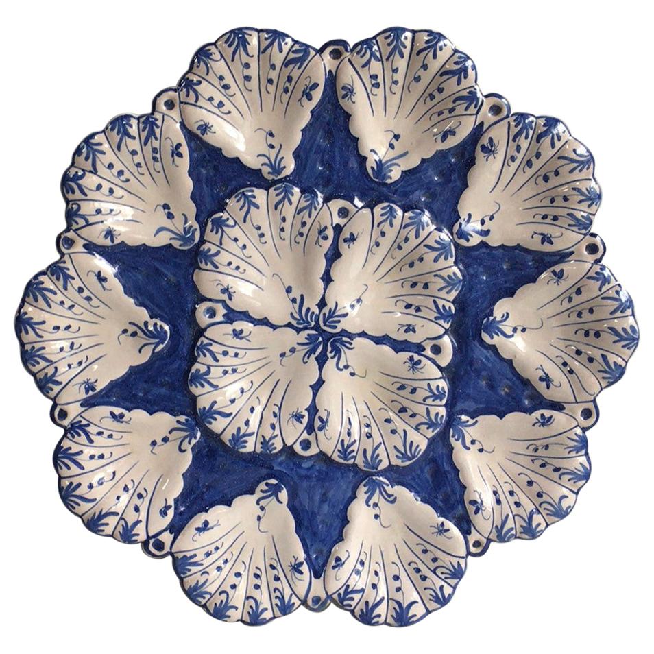 French Blue and White Faience Oyster Platter Moustiers Style, circa 1940