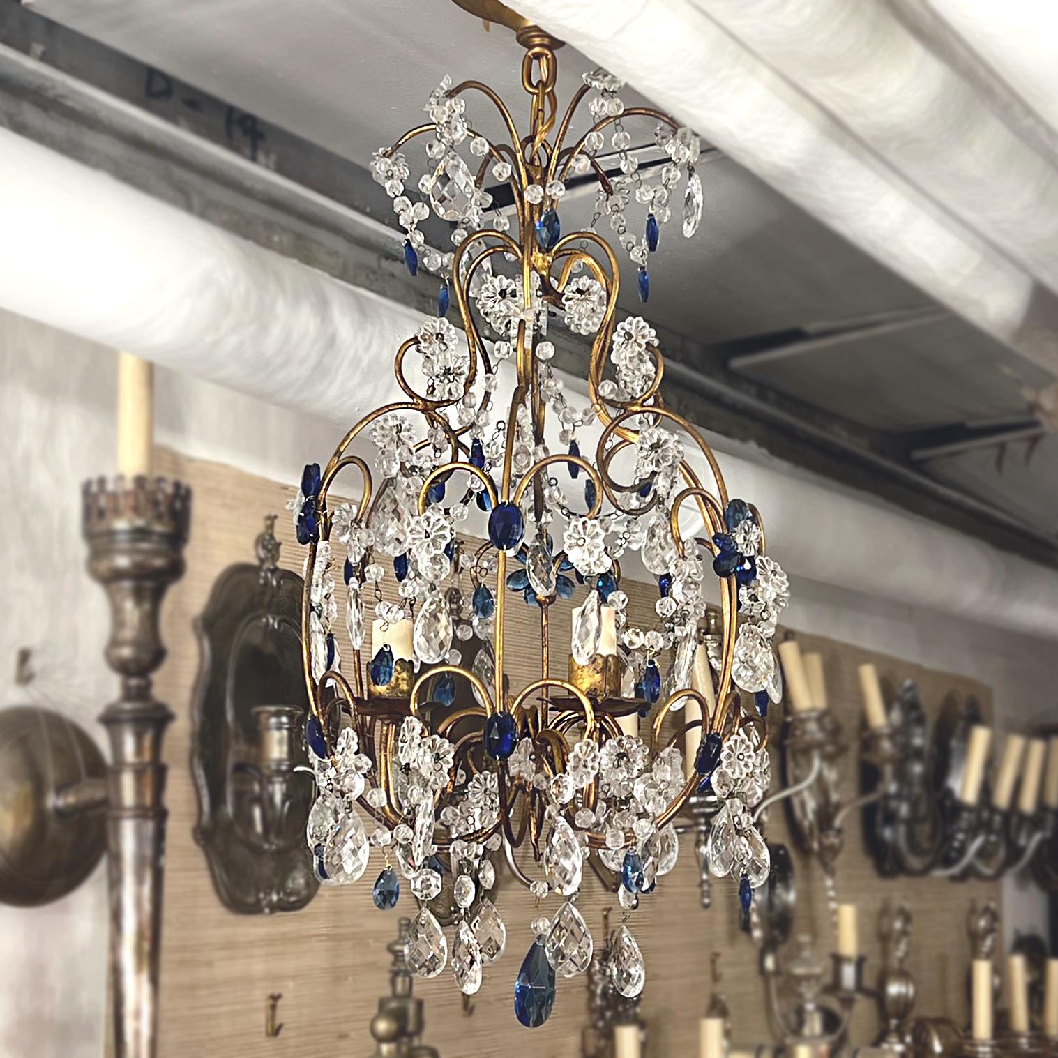 Metal French Blue Beaded Chandelier For Sale