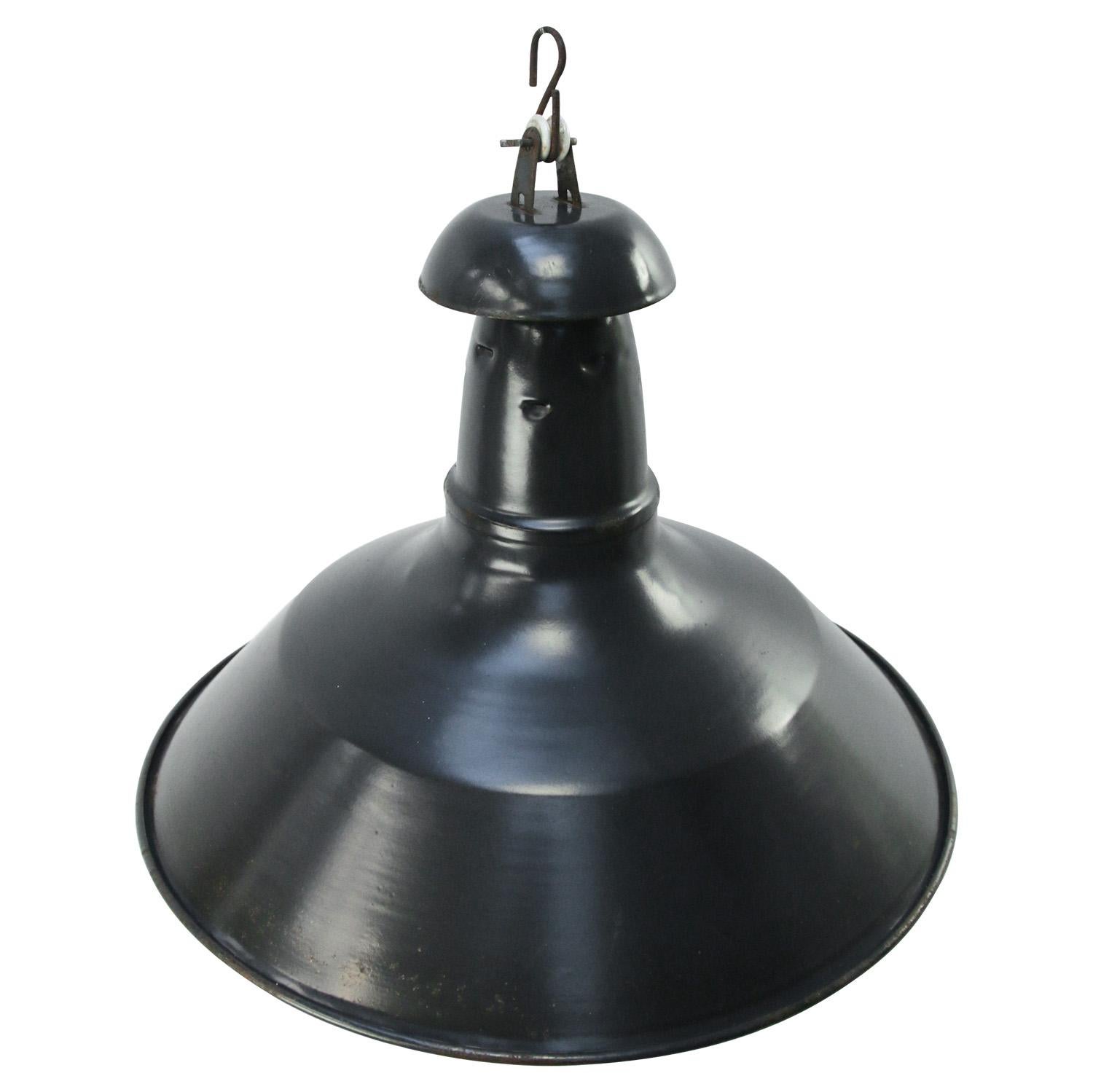 French blue black Industrial pendant lamp.
Used in warehouses and factories in France and Belgium. 

Weight: 1.50 kg / 3.3 lb

Priced per individual item. All lamps have been made suitable by international standards for incandescent light bulbs,