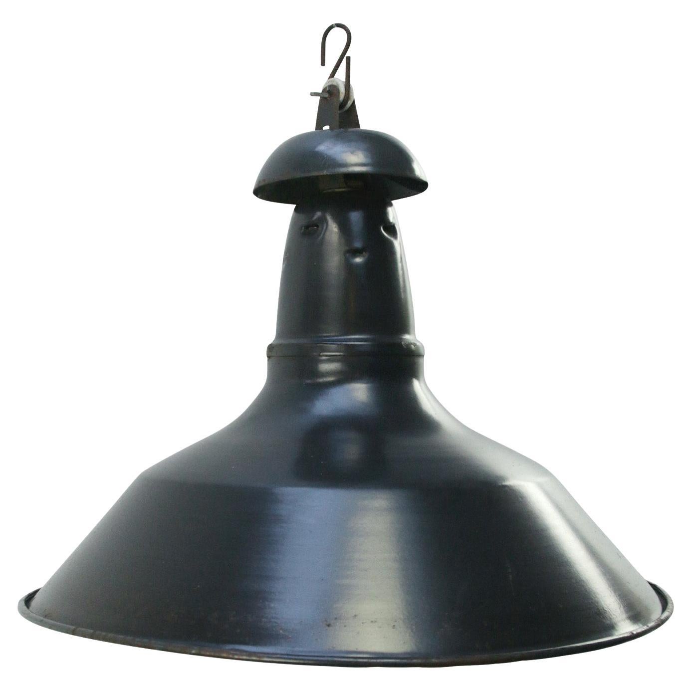 Lampe à suspension industrielle française vintage en émail bleu et noir