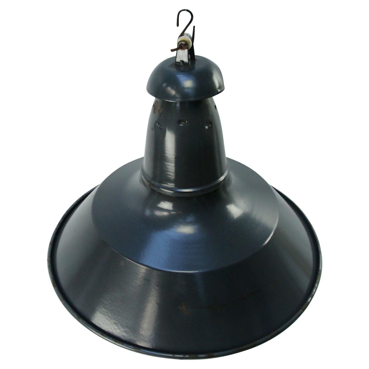French blue black Industrial pendant lamp.
Used in warehouses and factories in France and Belgium. 

Weight: 1.60 kg / 3.5 lb

Priced per individual item. All lamps have been made suitable by international standards for incandescent light