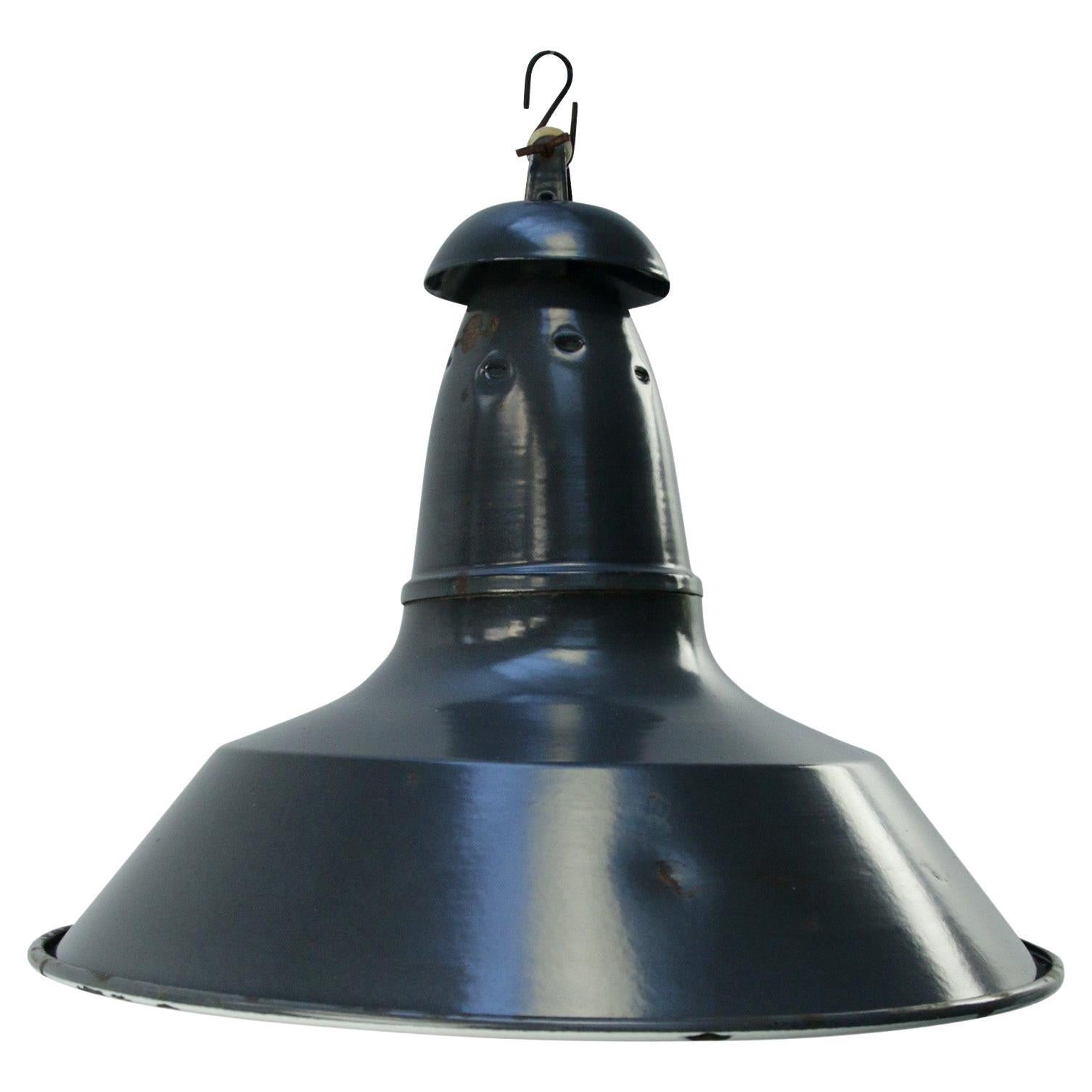 French Blue Black Enamel Vintage Industrial Pendant Light For Sale