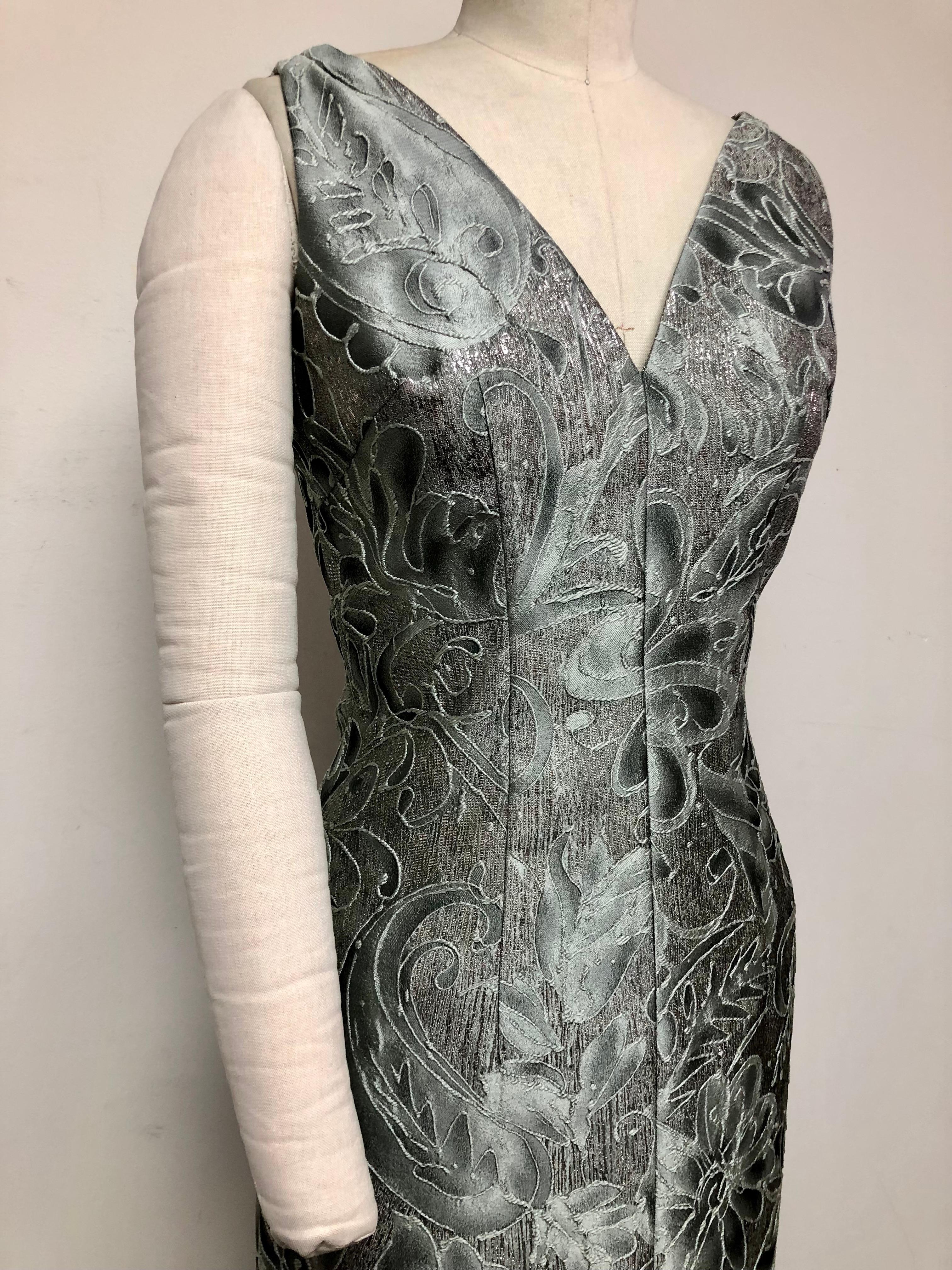 Gray French Blue Brocade V Neck Slim Dress with Gathered Detail For Sale