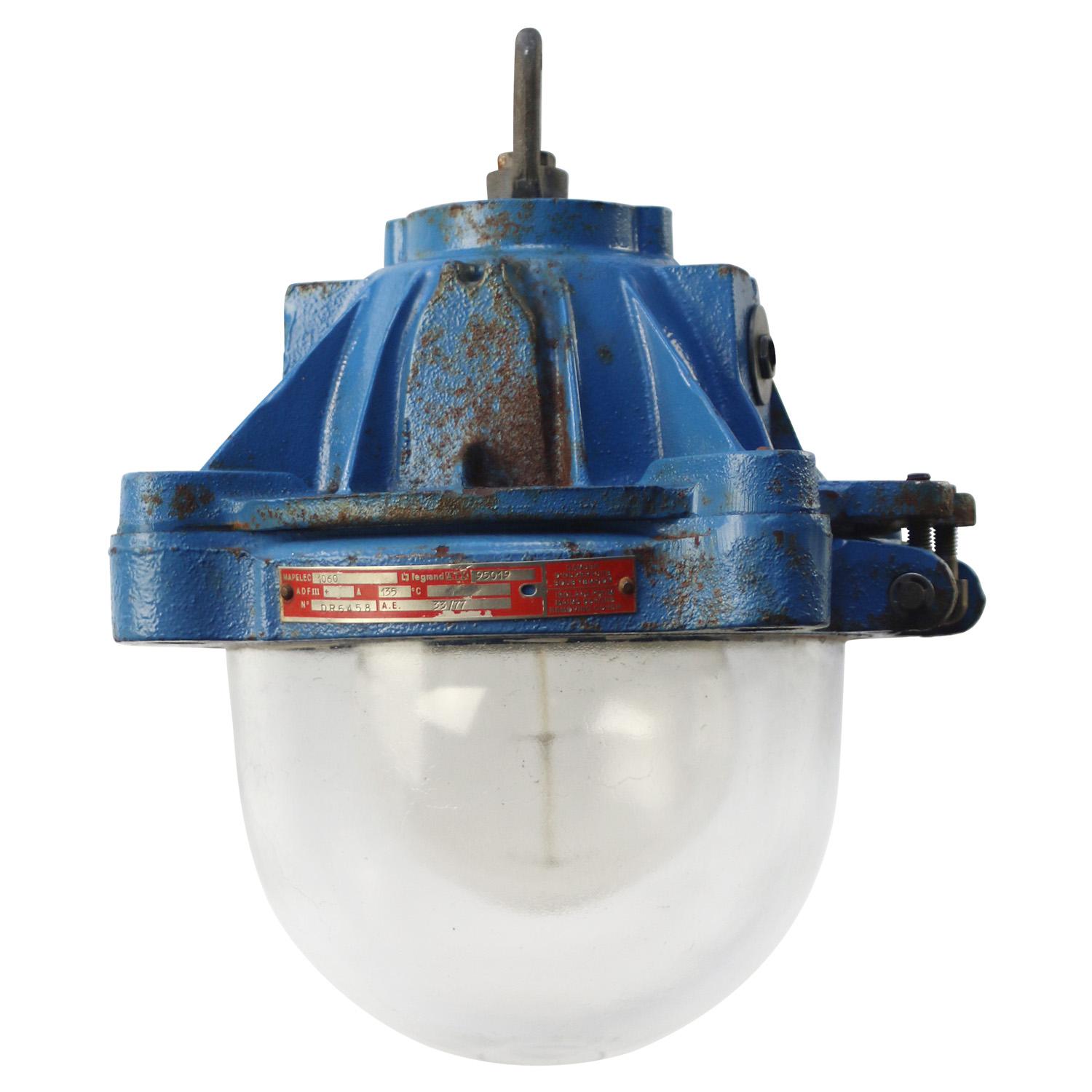 Glass French Blue Cast Iron Vintage Industrial Pendant Lamps by Mapelec Amiens For Sale