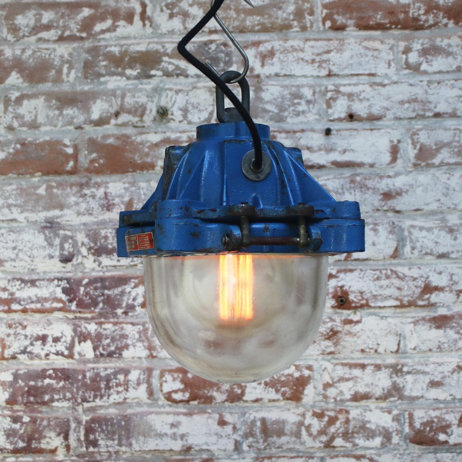 French Blue Cast Iron Vintage Industrial Pendant Lamps by Mapelec Amiens For Sale 1
