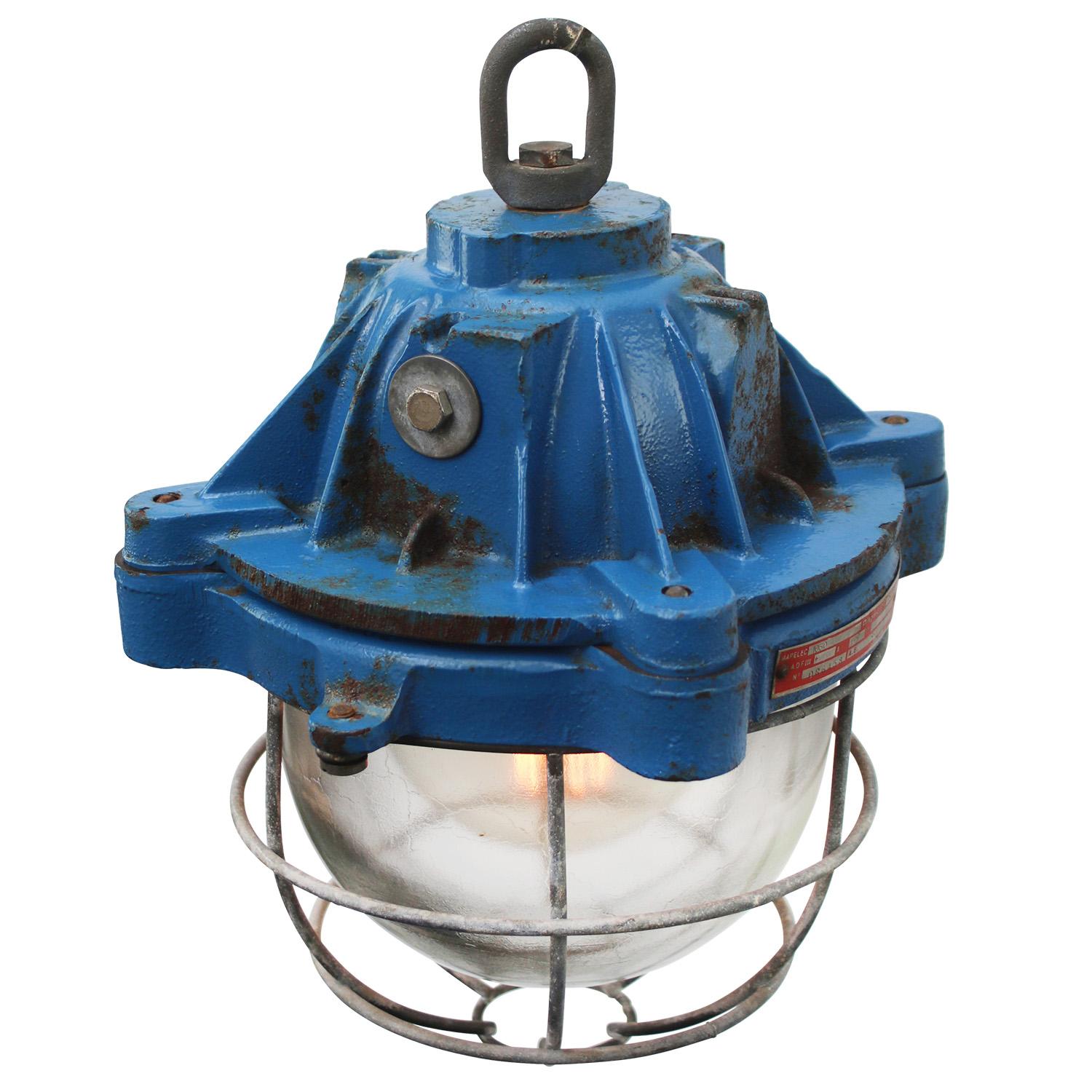 French Blue Cast Iron Vintage Industrial Pendant Lights by Mapelec Amiens In Good Condition For Sale In Amsterdam, NL