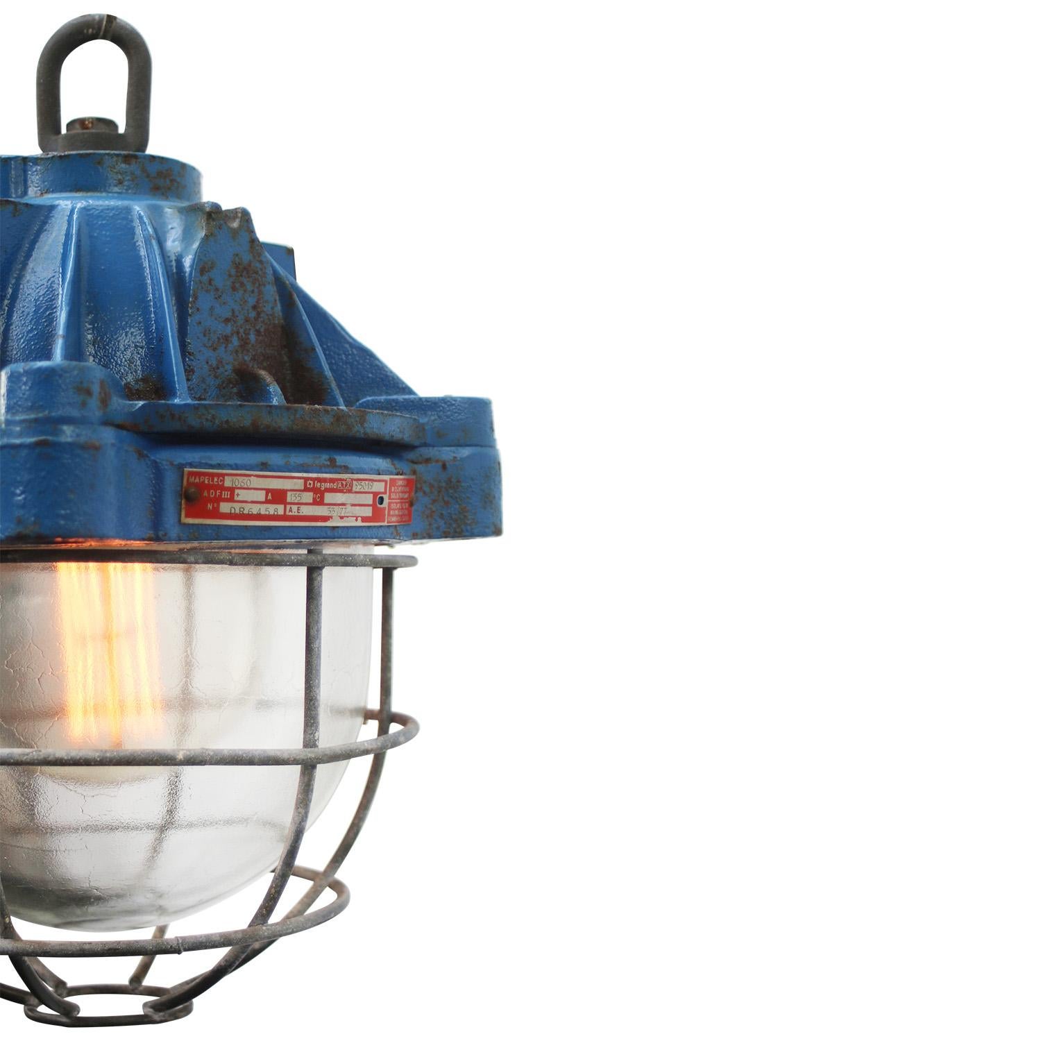 Late 20th Century French Blue Cast Iron Vintage Industrial Pendant Lights by Mapelec Amiens For Sale