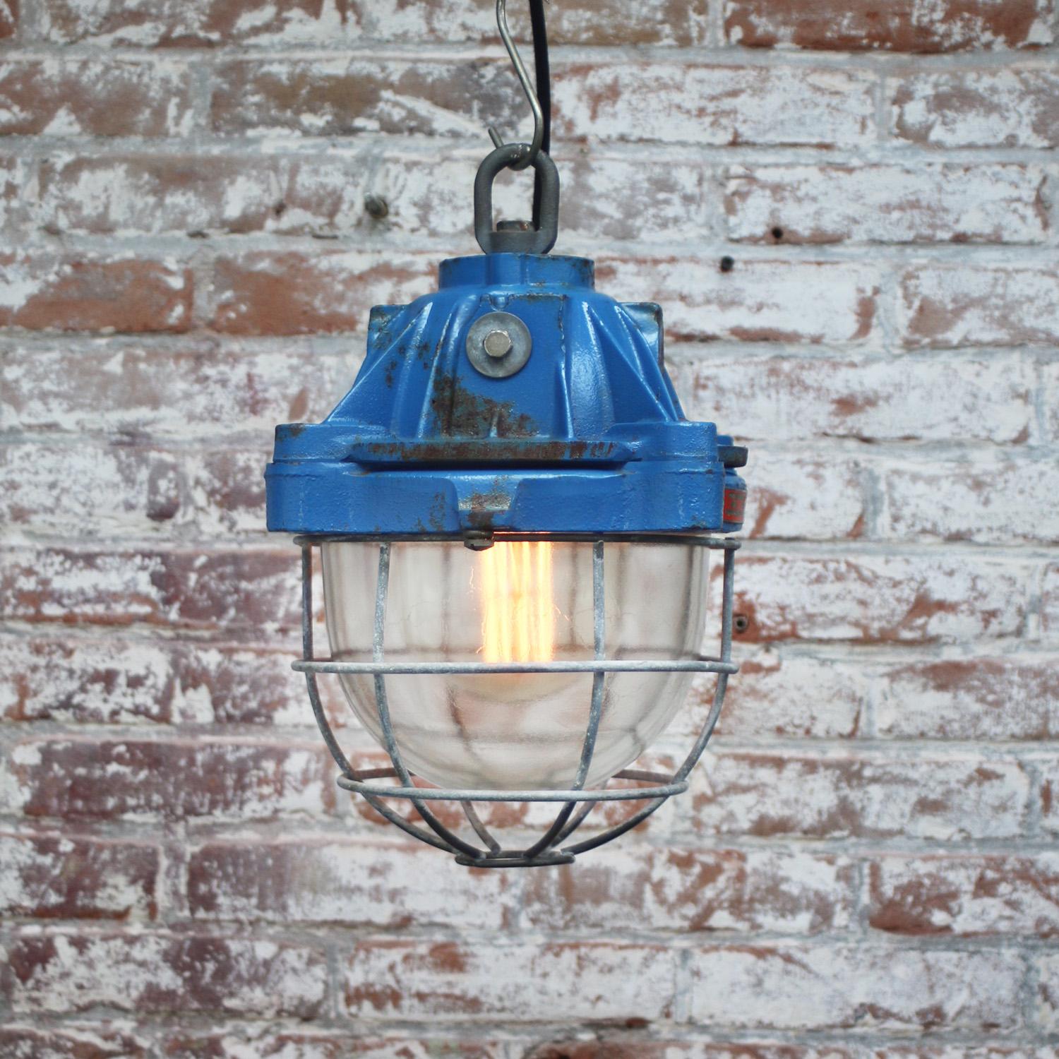Glass French Blue Cast Iron Vintage Industrial Pendant Lights by Mapelec Amiens For Sale