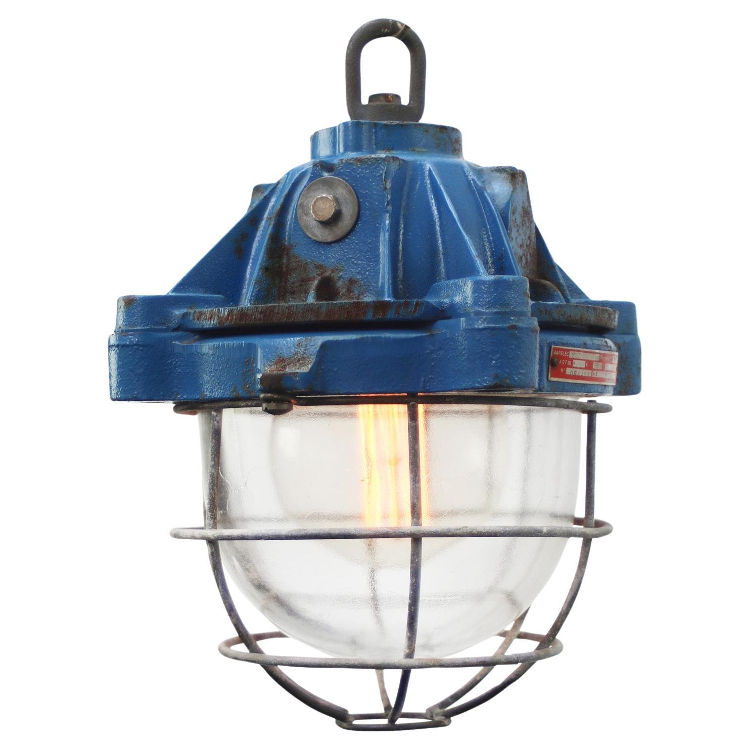 French Blue Cast Iron Vintage Industrial Pendant Lights by Mapelec Amiens For Sale