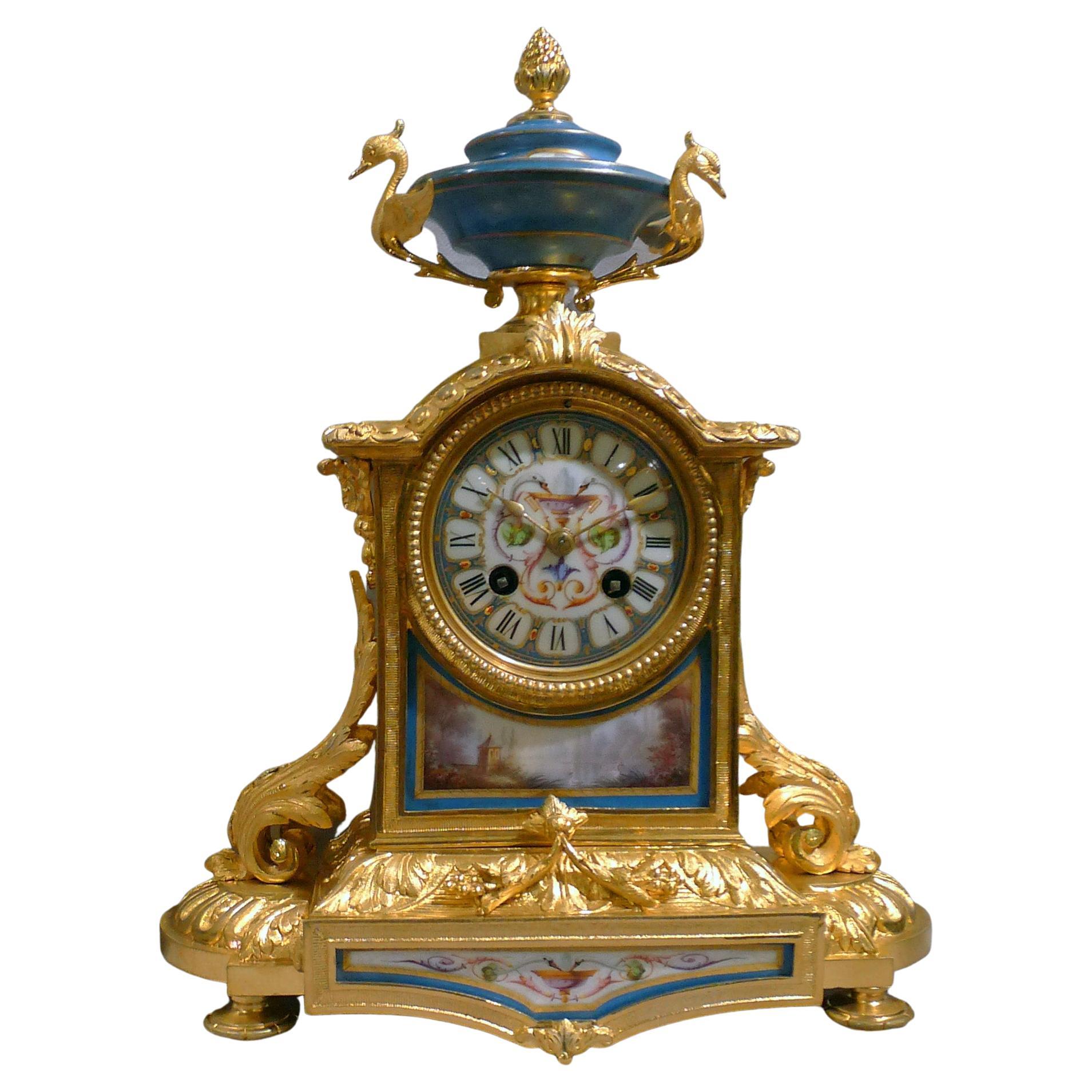 French blue celeste porcelain and ormolu mantel clock