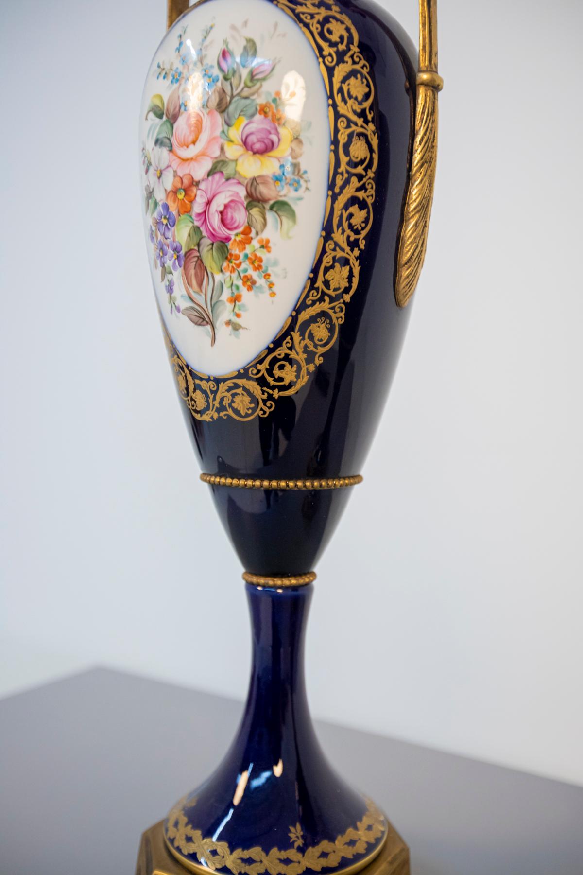 French Blue Ceramic Decorative Vases with Floral Motifs For Sale 4