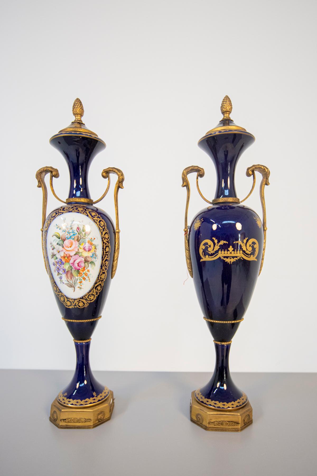 French Blue Ceramic Decorative Vases with Floral Motifs For Sale 8