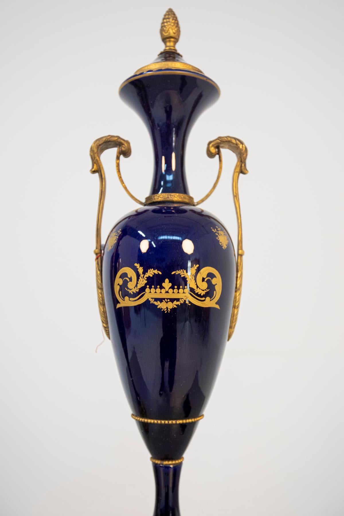 French Blue Ceramic Decorative Vases with Floral Motifs For Sale 9