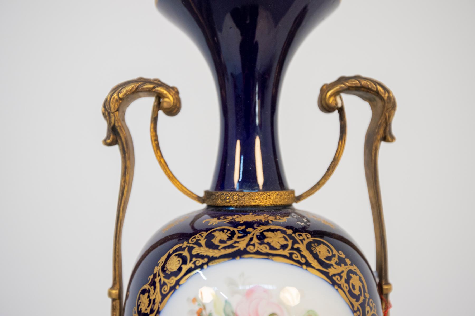 Early 20th Century French Blue Ceramic Decorative Vases with Floral Motifs