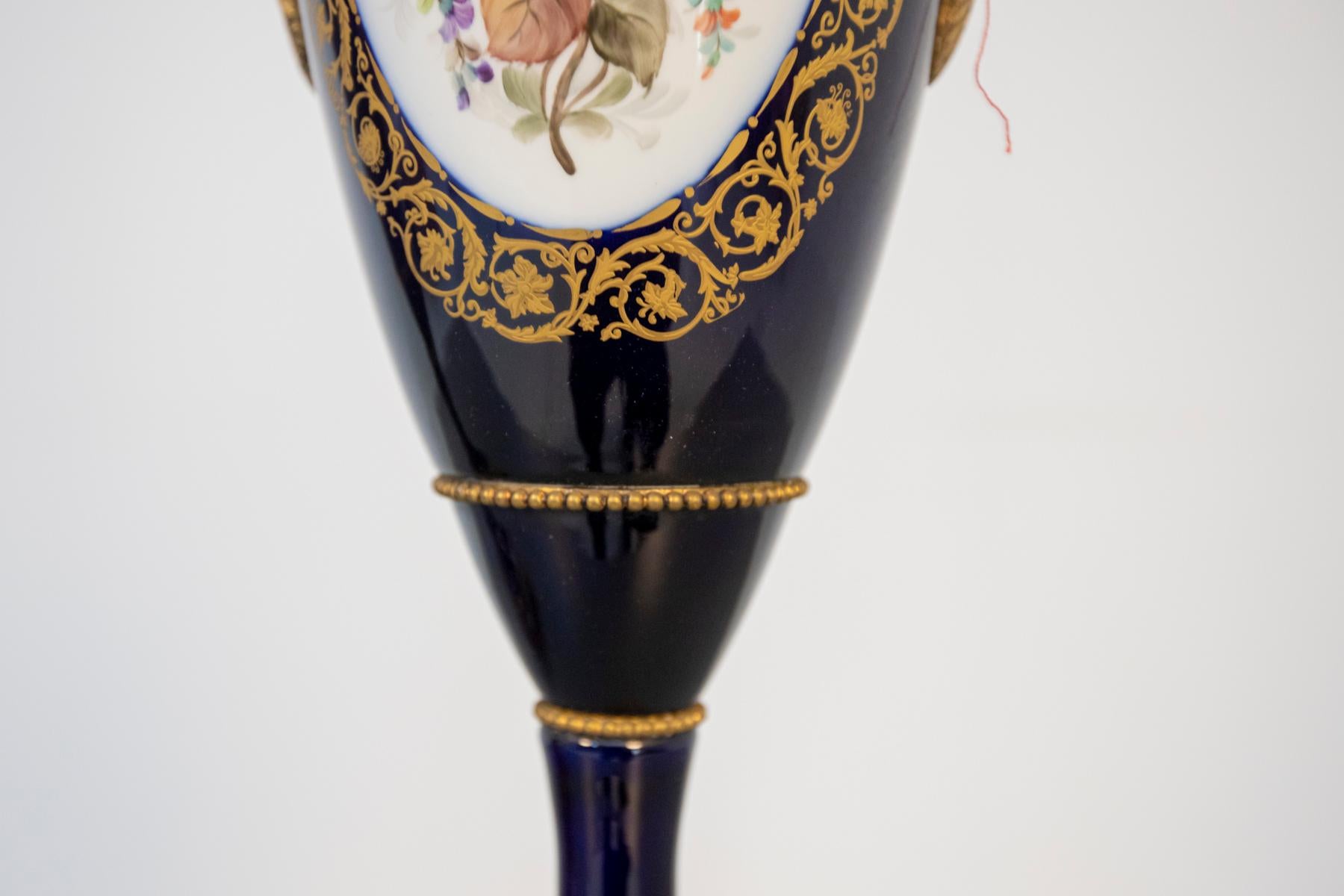 French Blue Ceramic Decorative Vases with Floral Motifs For Sale 1