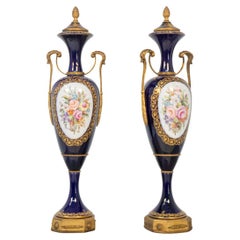 French Blue Ceramic Decorative Vases with Floral Motifs