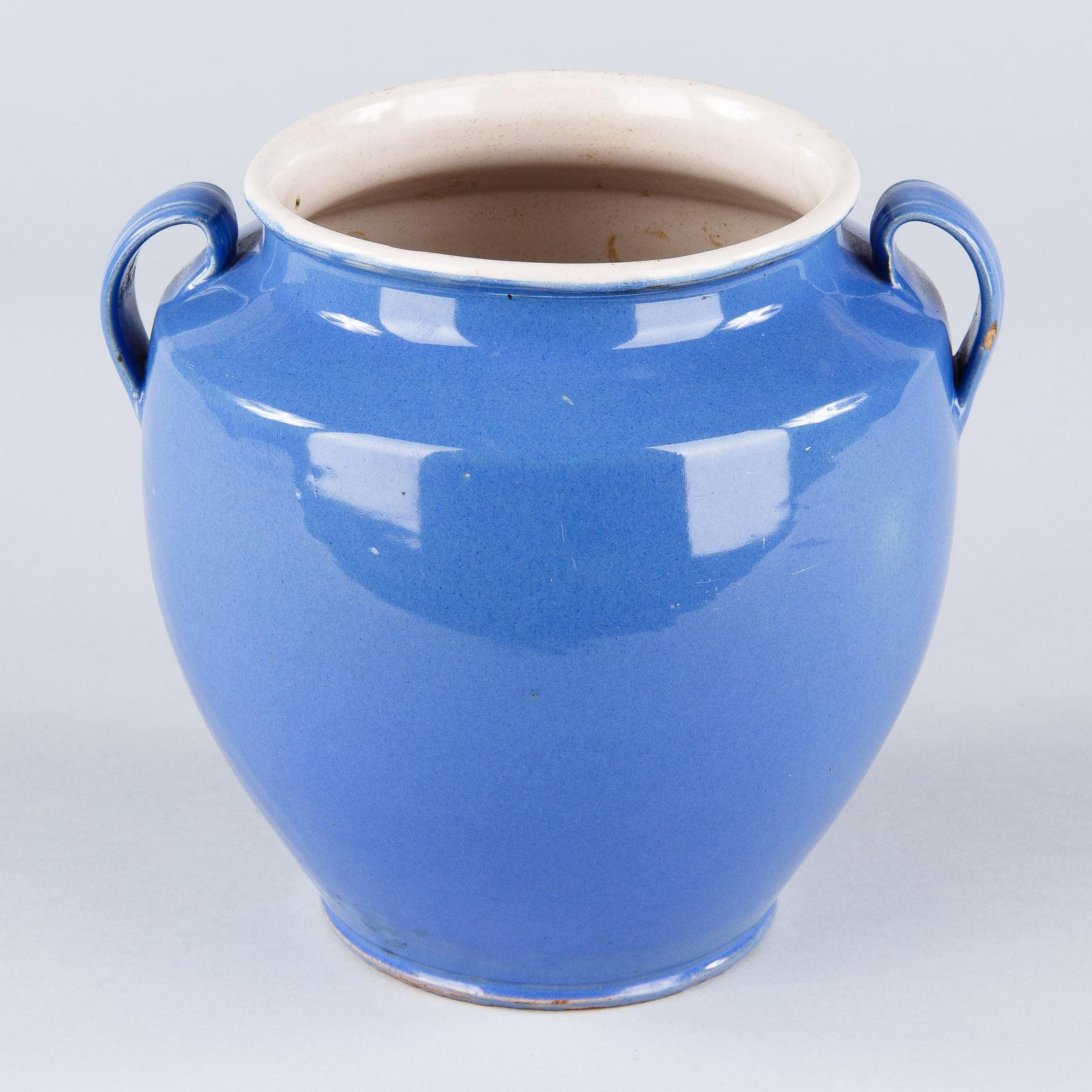 Glazed French Blue Ceramic Jar, 1930s