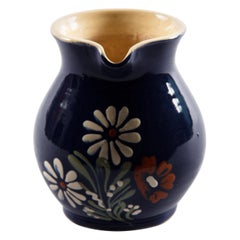 Vintage French Blue Ceramic Pitcher with Flowers, 1930s