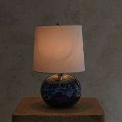 French Blue Ceramic Round Table Lamp with Woven Shade, 1960s